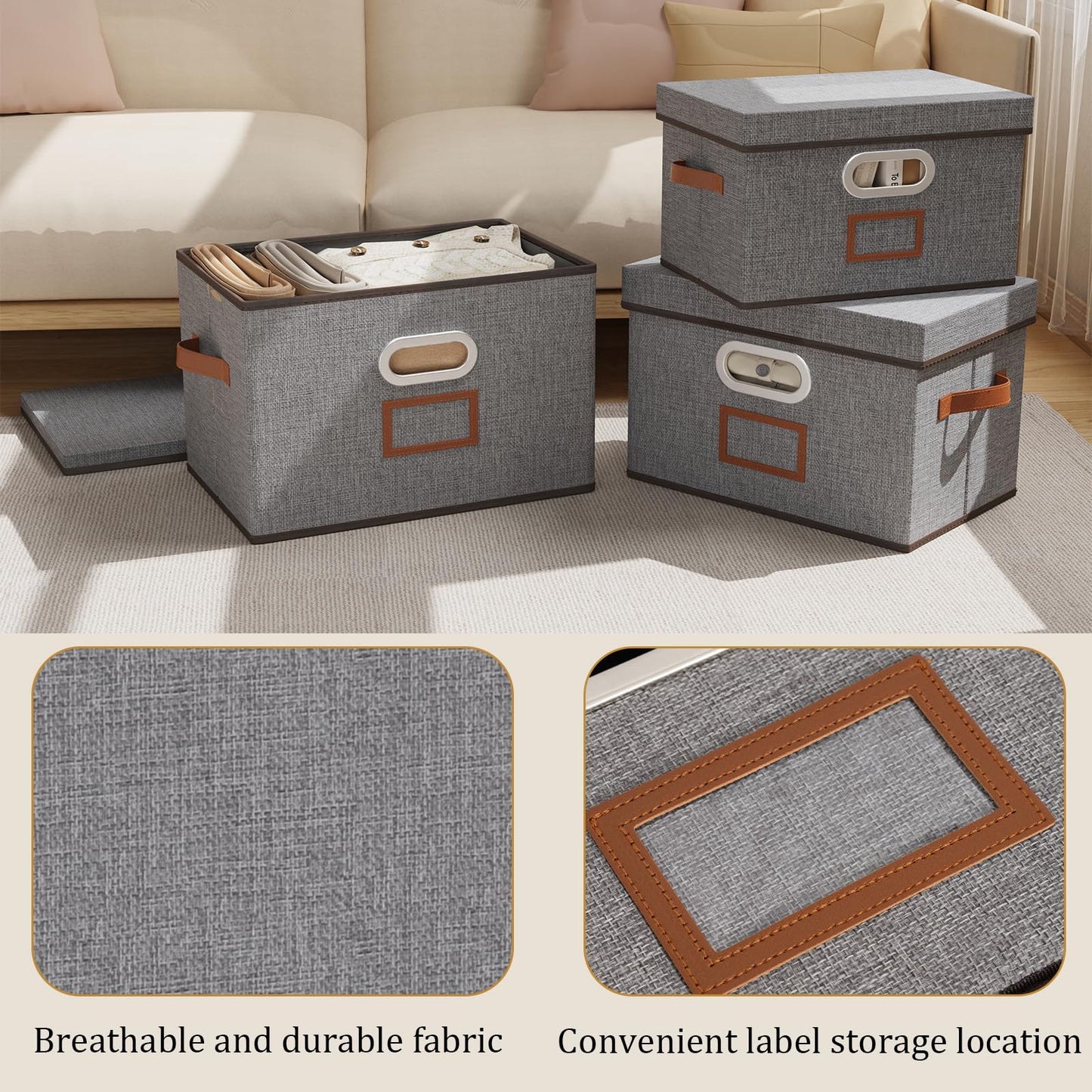 OUTBROS Collapsible Storage Boxes, Lidded Baskets, 45x30x30cm, Grey, 3 Set
