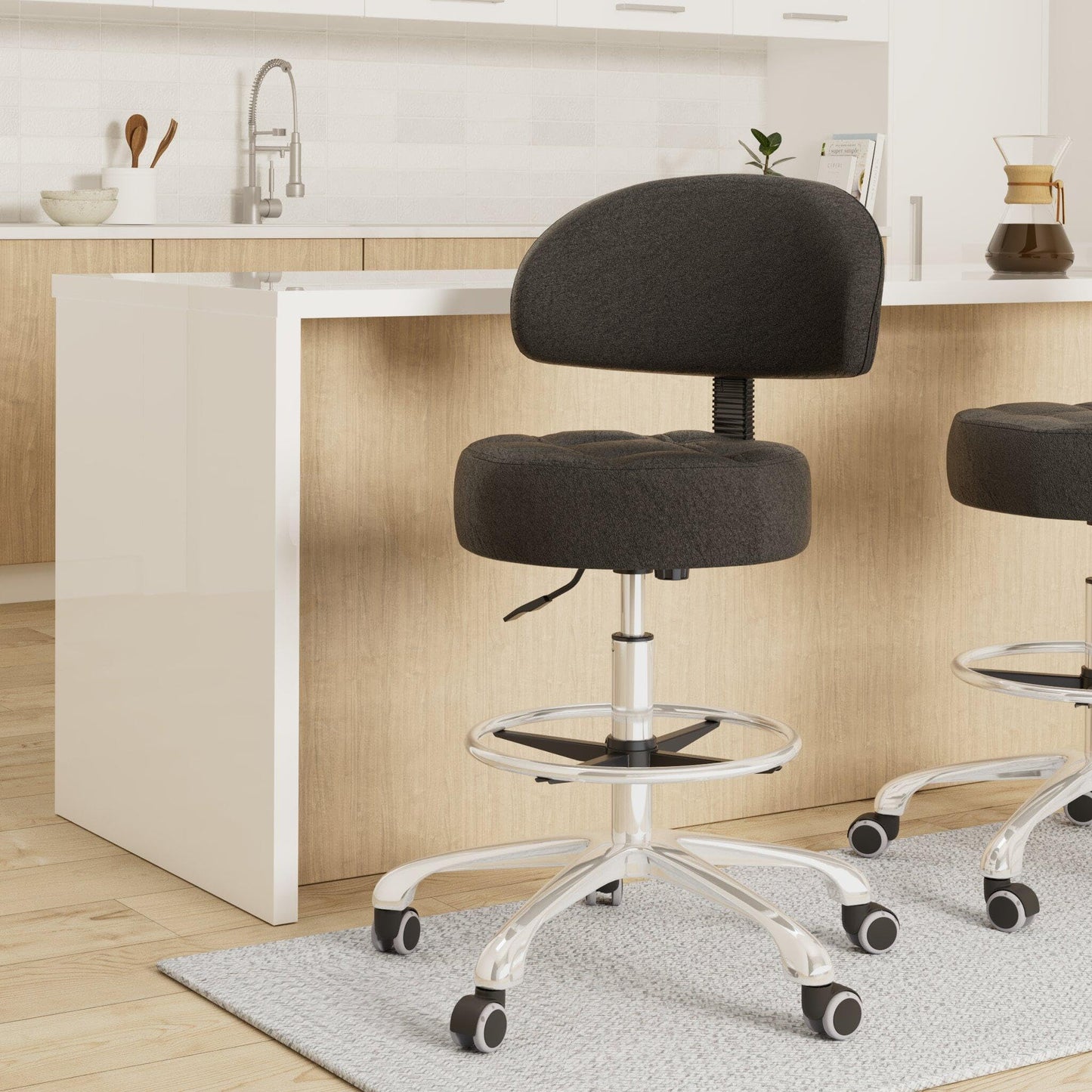 Grace & Grace Height Adjustable Rolling Swivel Stool Chair with Extra Large and Extra Thick Round Seat and Comfortable Backrest Heavy Duty Metal Base