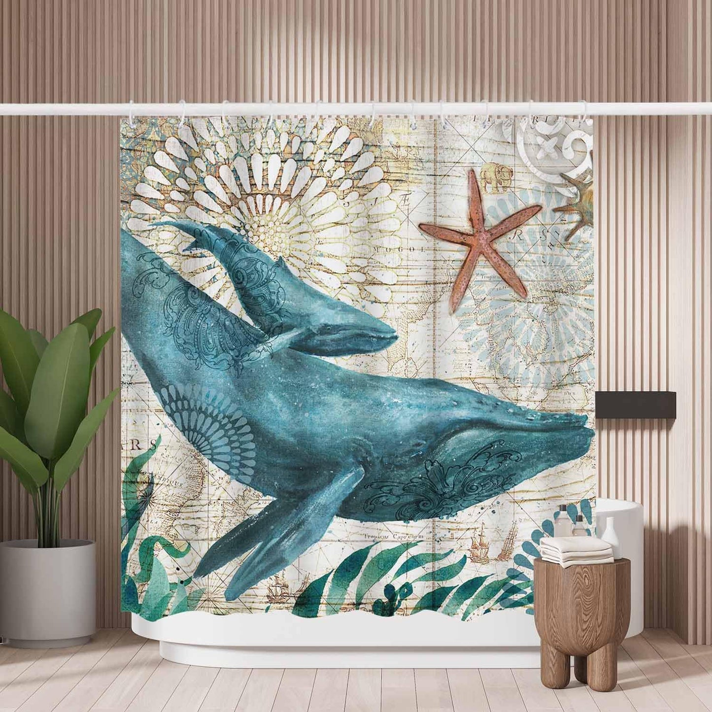 Woutay Shower Curtain Mould Proof Resistant Whale Retro Map,Water Repellant Fabric,Polyester,with 12 Plastic Hooks