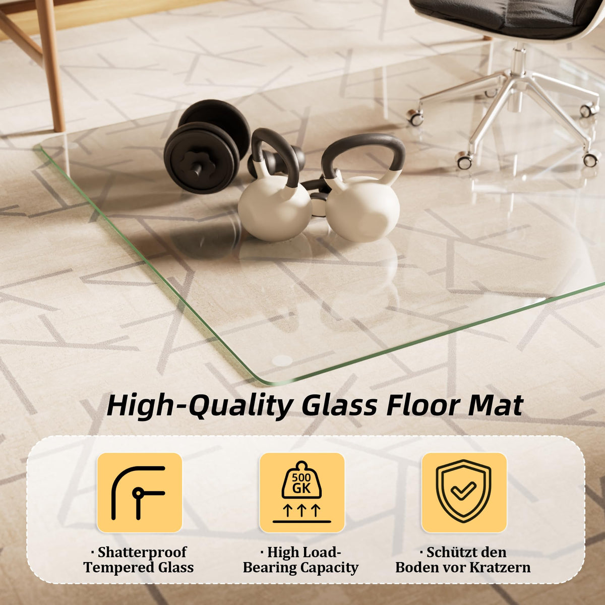 Koonmi Tempered Glass Chair Mat, 122 x 152 cm, Clear