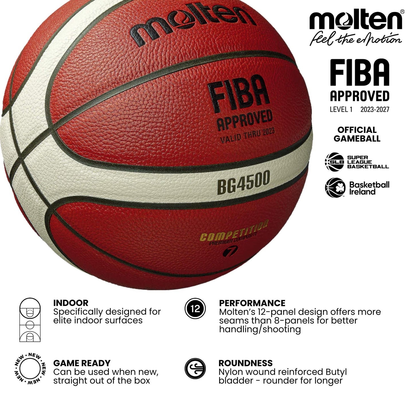Molten BG4500 Basketball, Match Ball, BBL & WBBL, FIBA Approved, Premium Composite Leather, Indoor Play, Orange/Ivory, Size 7, Suitable For Boys age