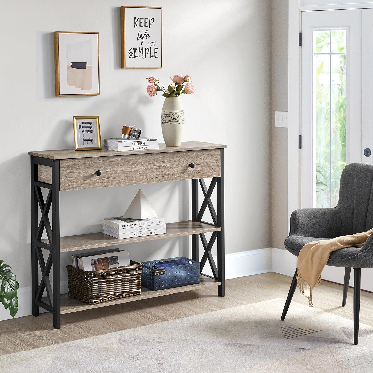 Yaheetech Console Table, Drawer & Shelves, 100 × 29.5 × 81 cm, Grey