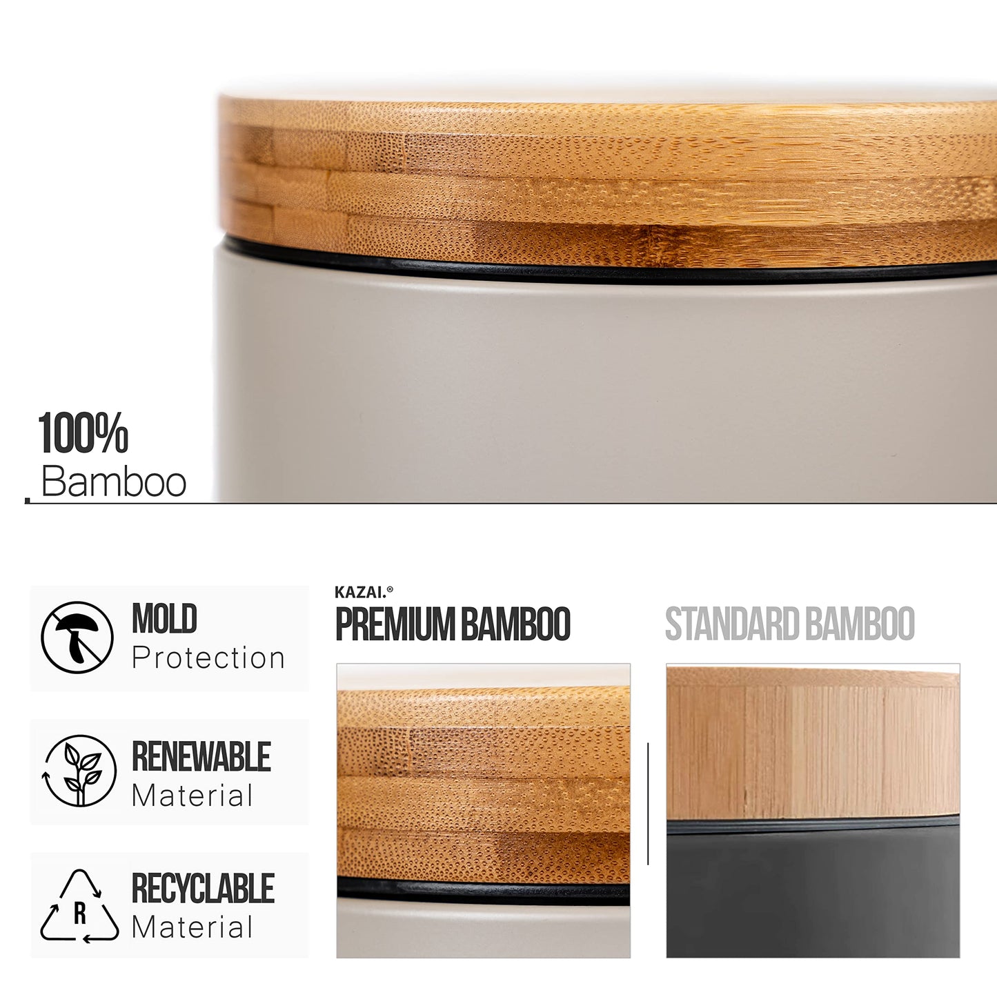 Kazai. 5L Designer Bathroom Bin | Superior Bamboo | Soft Closing | Anti-Finger | Taupe (Bright)