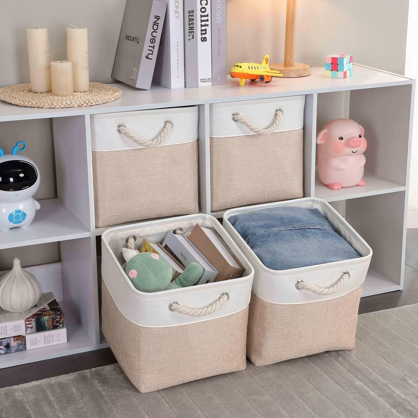 Mangata Fabric Storage Baskets,33 x 38 x 33cm Large Foldable Storage Boxes for Organizing Clothes Shelf Nursery Closet(Beige/White, Set of 3)