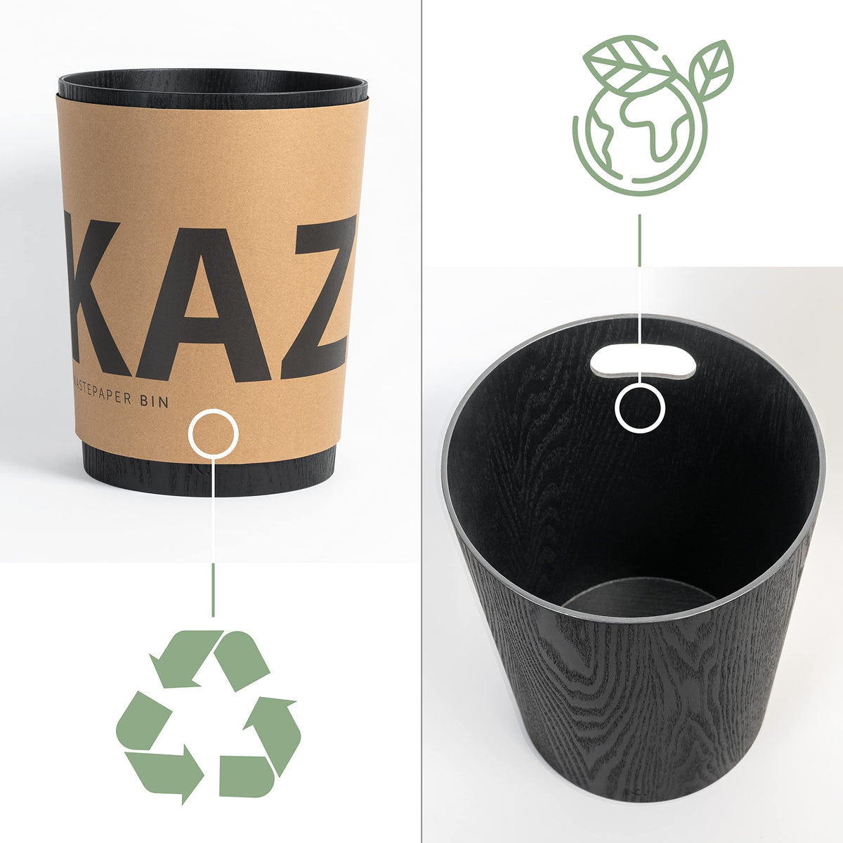 Kazai. Real Wood Waste Paper Bin Brje | Modern Wooden Paper Basket for Office, Kids' Room, Bedroom and more | 9 liters | Oak black