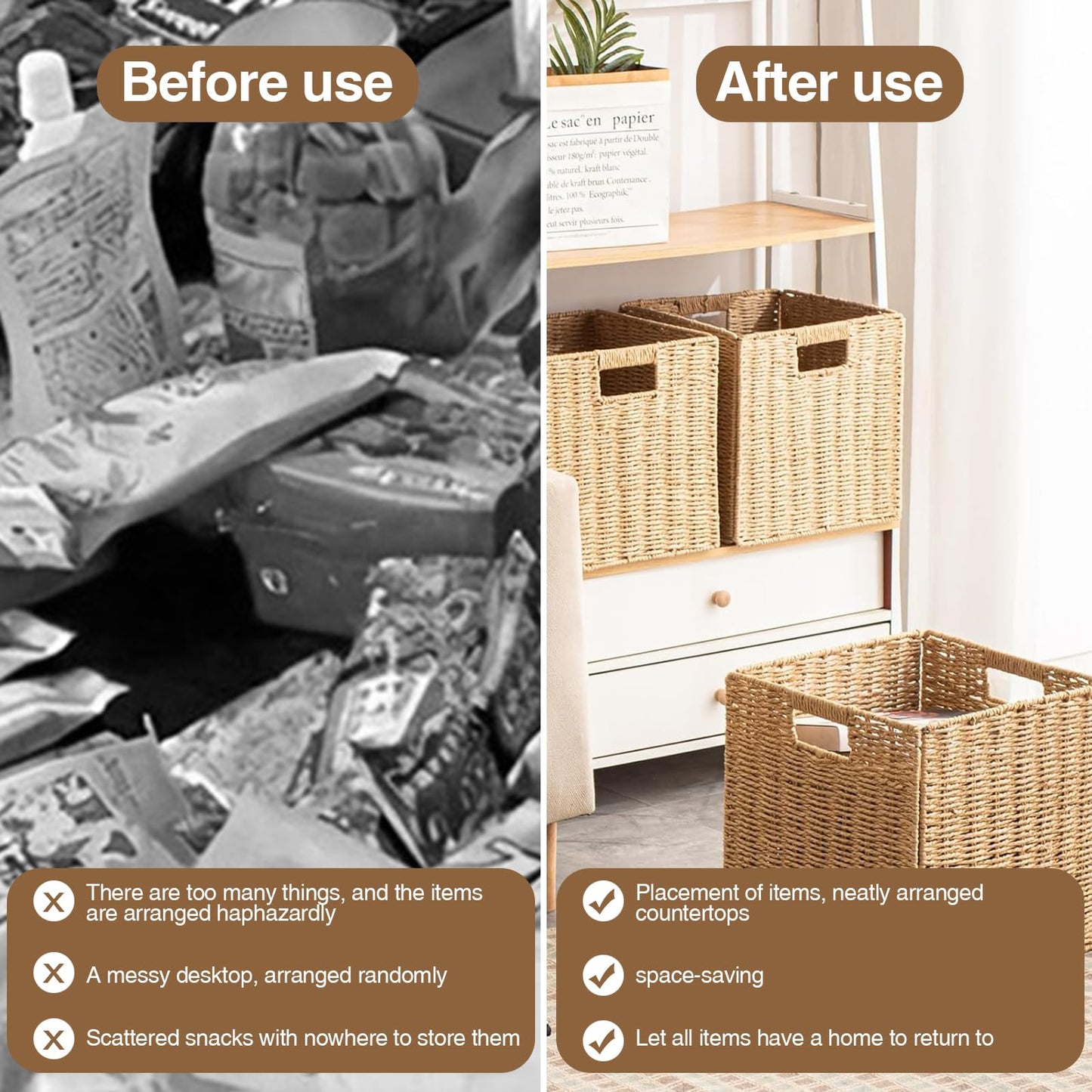 Wicker Storage Basket, 25×25×25cm Faux Wicker Storage Box Foldable Large Wickers Basket Cube Storages Box With Insertion Handle for Gifts Toy