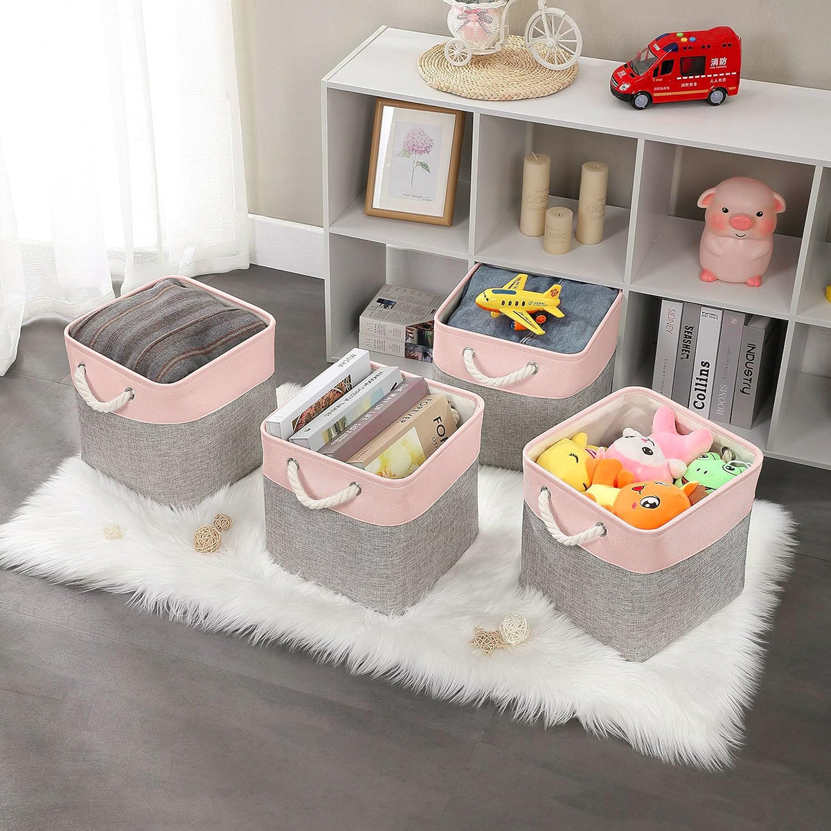 Mangata Fabric Storage Baskets,33 x 38 x 33cm Large Foldable Storage Boxes for Organizing Clothes Shelf Nursery Closet(Grey/Pink, Set of 4)
