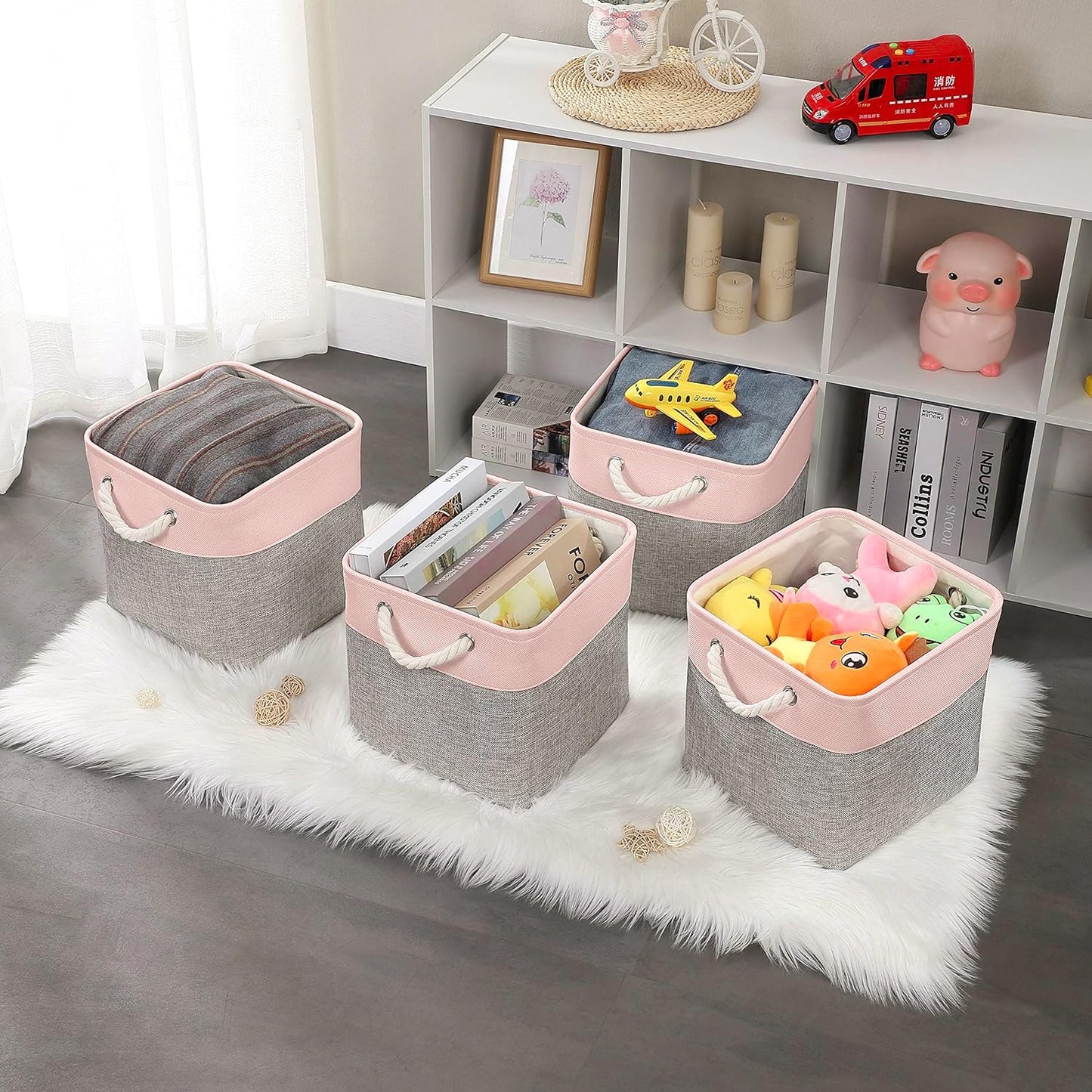 Mangata Canvas Storage Boxes, 30x30x30cm Fabric Storage Baskets for Shelves Organizing Clothes Nursery Home (Grey/Pink, Set of 4)