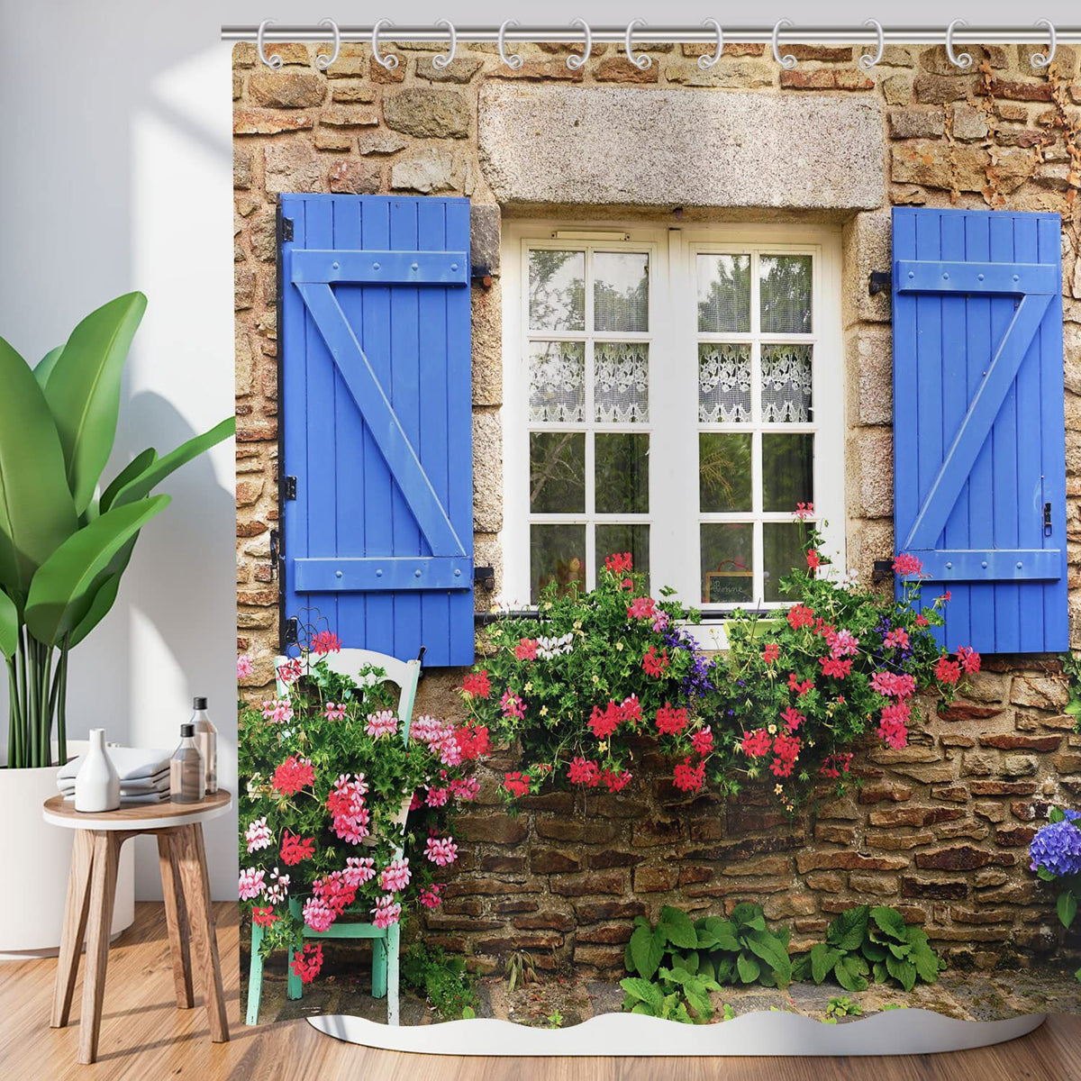 Hnmdmyi Garden Shower Curtain 180x180, 3D Shower Curtains Flowers Plants Blue Window Stone Wall Outdoor Scenery Picture Nature Bathroom Curtains with