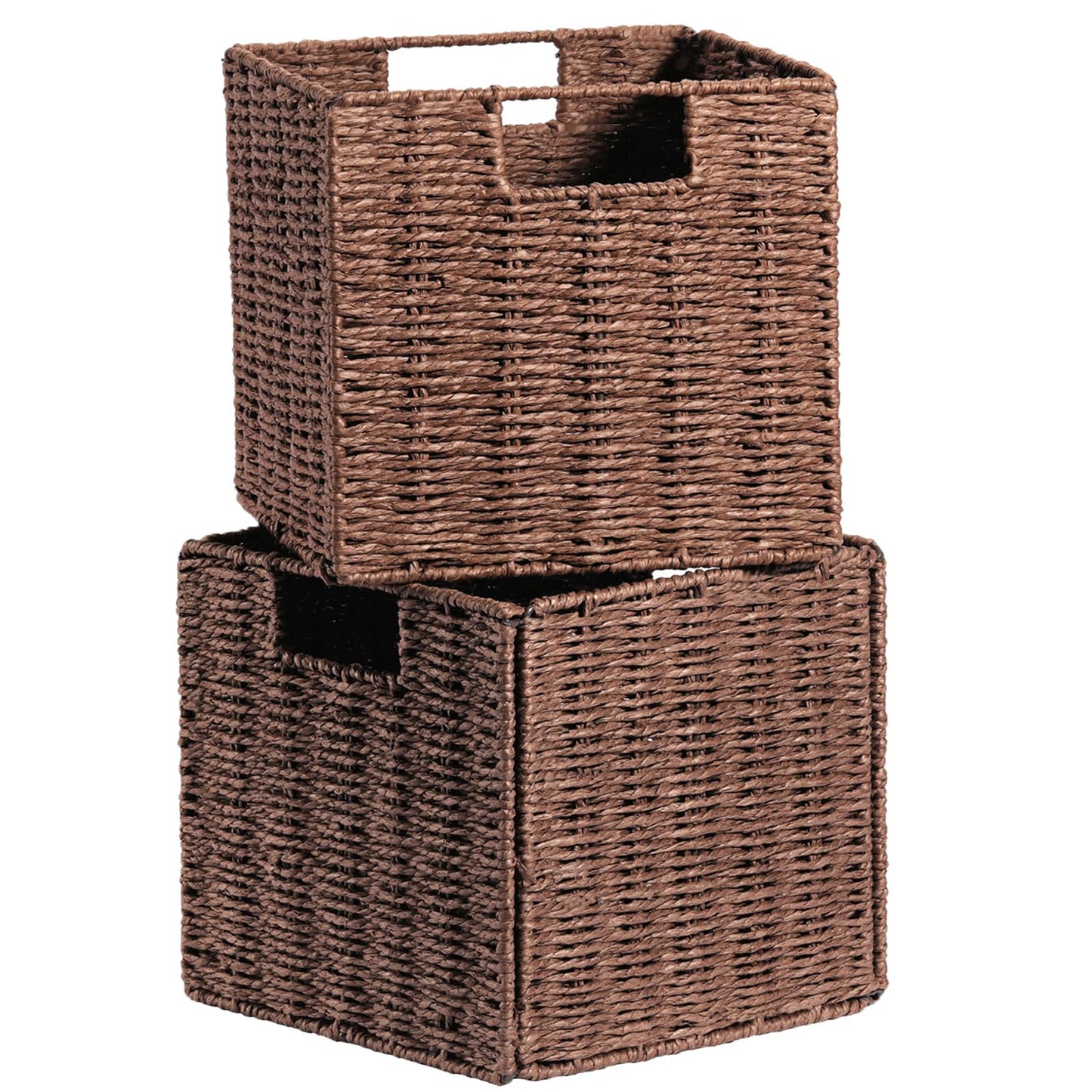 Vagusicc Wicker Storage Basket, Set of 2 Handwoven Wicker Basket, Foldable Storage Baskets Organizer Cube Bins with Handles for Shelves Bathroom