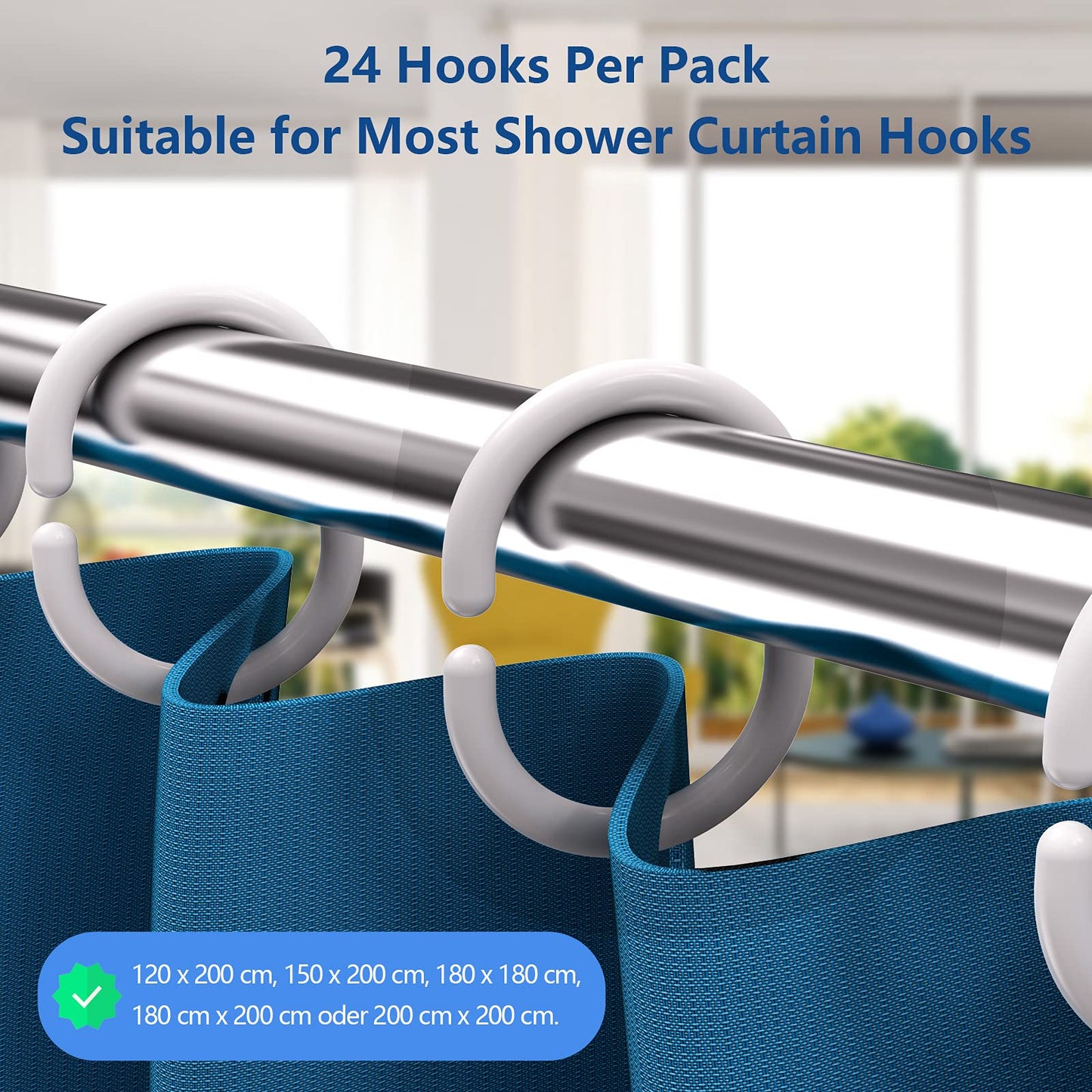 Simkopy Plastic Shower Curtain Hooks, 24 Pack C-Shaped Rings, White, for Bathroom & Window Rod