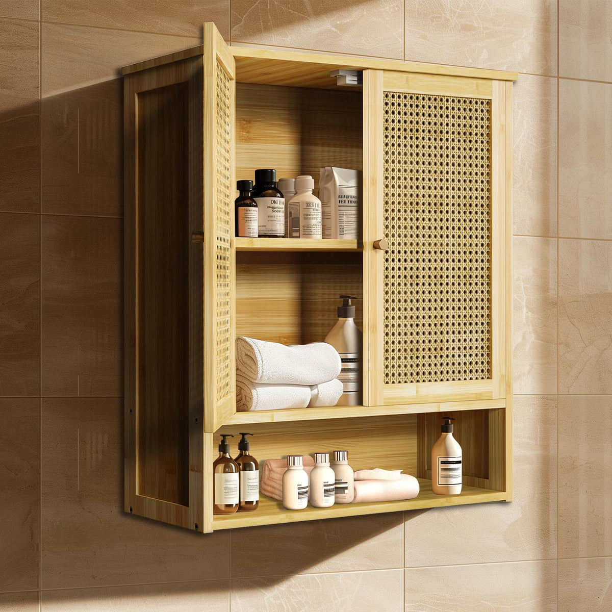 unho Bathroom Wall Cabinet: Wooden Storage Cupboard with 2 Rattan Doors and Open Shelf, Wall Mounted Medicine Cabinet Unit Kitchen Shelf for Laundry,