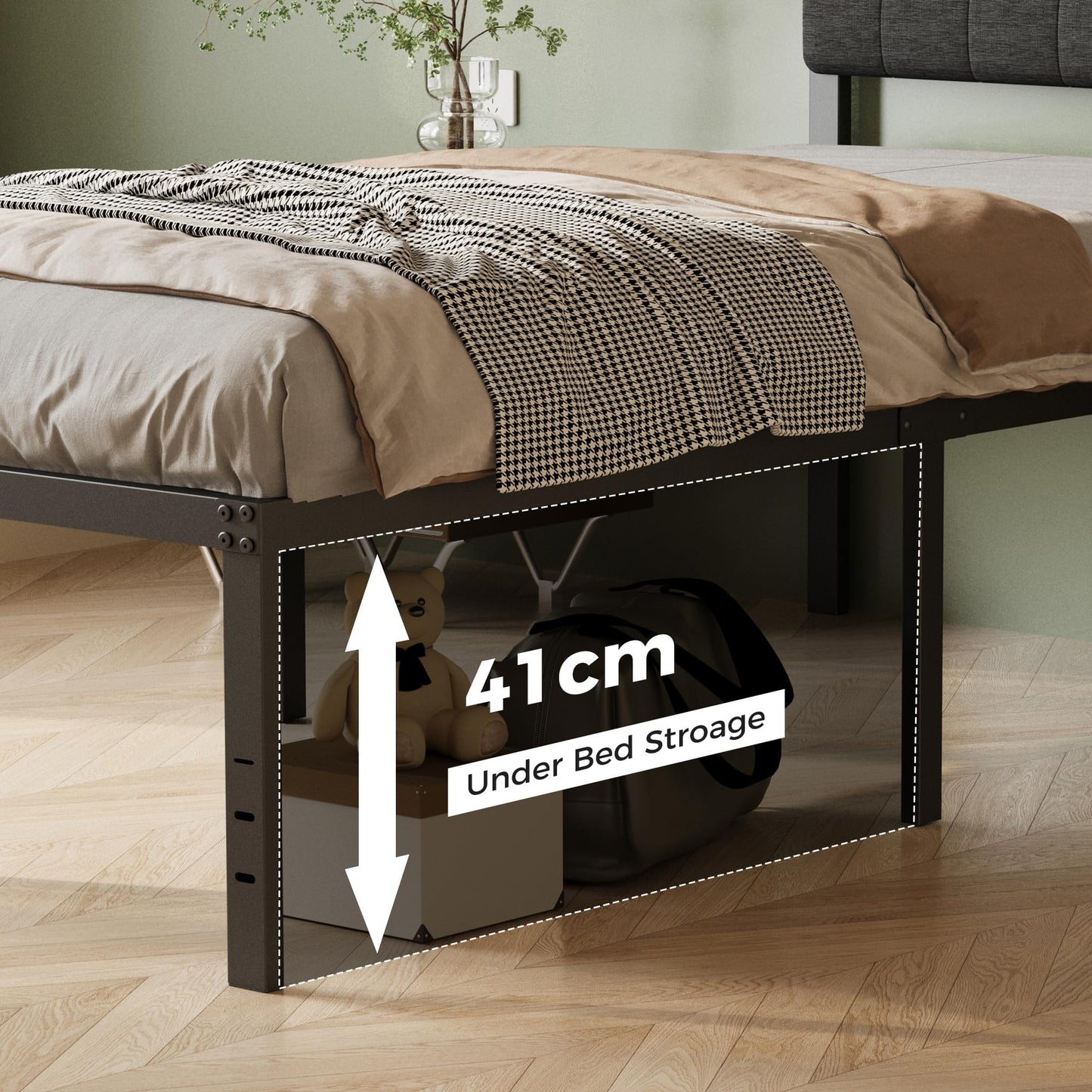 Lutown-Teen Single Bed Frame with Black Upholstered Headboard