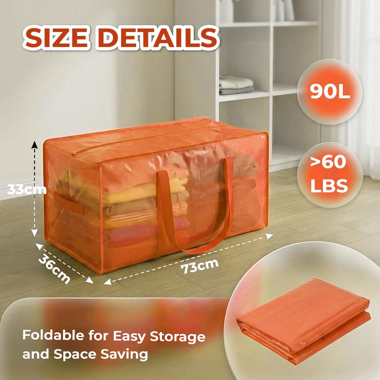 Zandrix 90L Cloths Storage Bags with Zips Waterproof Reusable - 6 Pack
