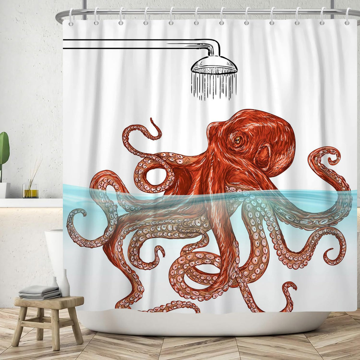 ASDCXZ Funny Shower Curtain 180x200 cm, Modern Simplicity Funny Orange Octopus Swimming White Bath Washable Shower Curtains Polyester Textile