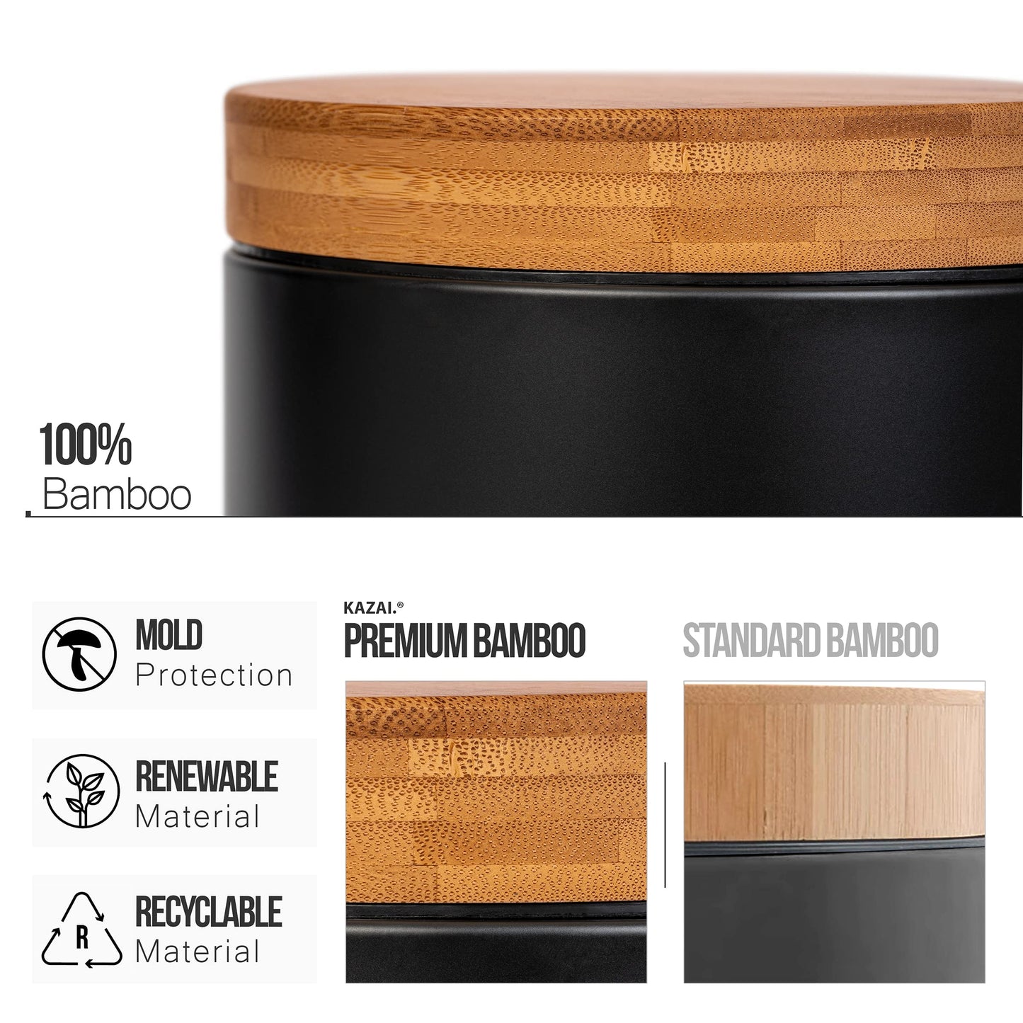 Kazai. 5L Designer Bathroom Bin | Superior Bamboo | Soft Closing | Anti-Finger | Black