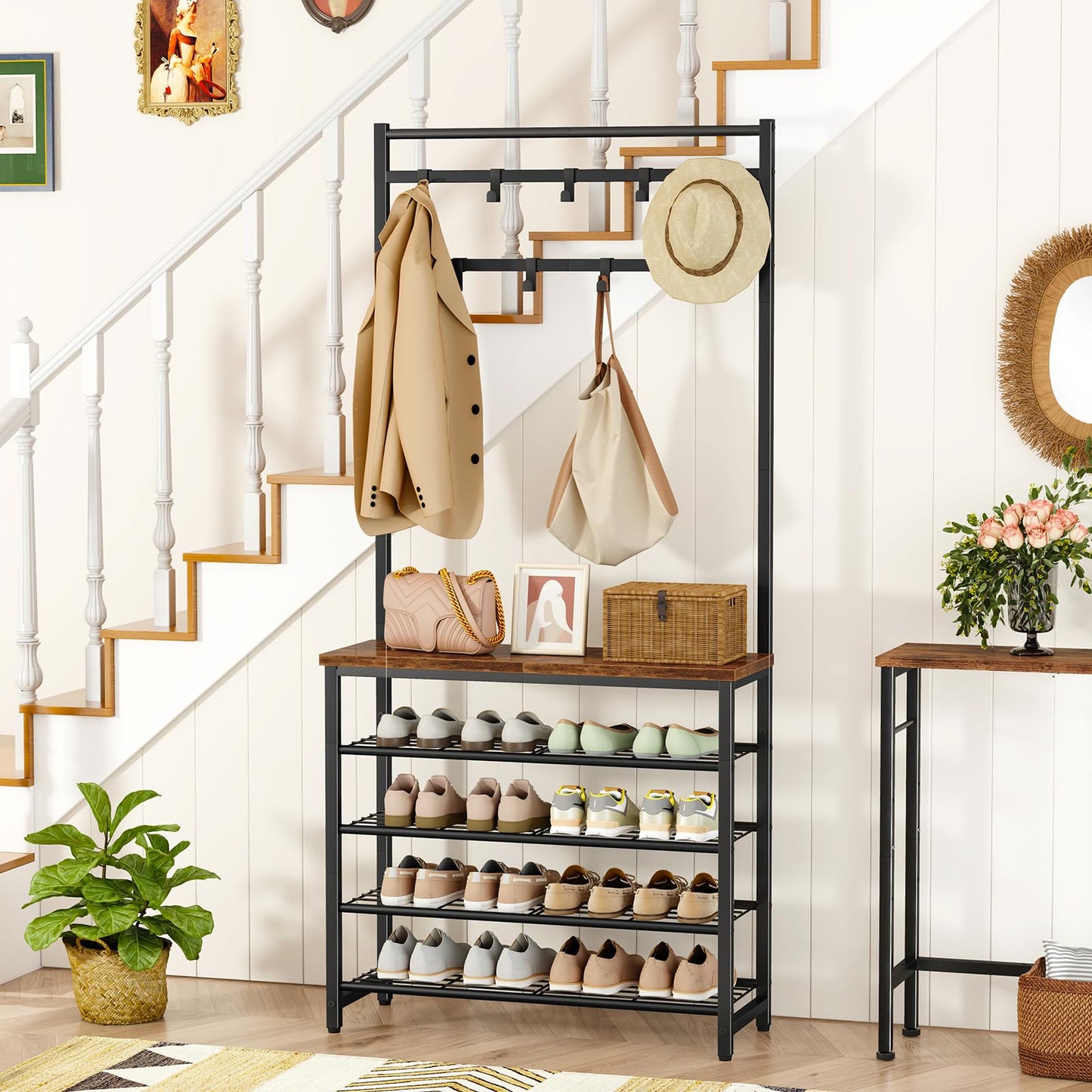 IBUYKE Coat Stand with Shoe Storage, 188cm Coat Rack with Shoe Rack, 5 Tier Shoe Storage Organizer with 9 Movable Hooks for Entryway Hallway Foyer