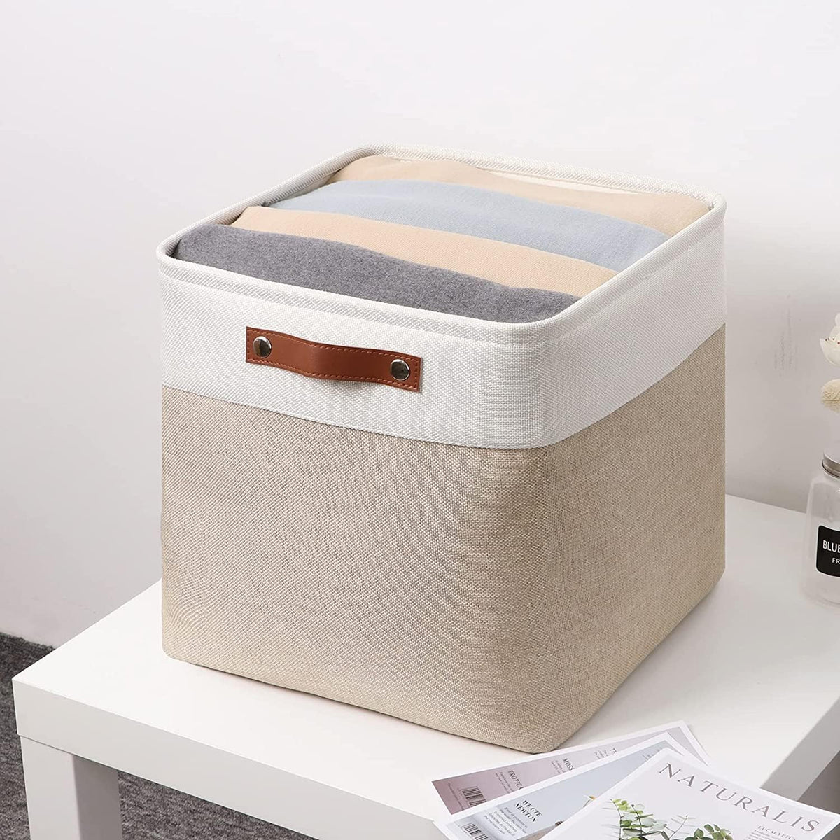 Mangata Collapsible Storage Cube Boxes, 28cm Cube Linen Woven Fabric Storage Baskets with Leather Handles 4pcs (Light Khaki and White)