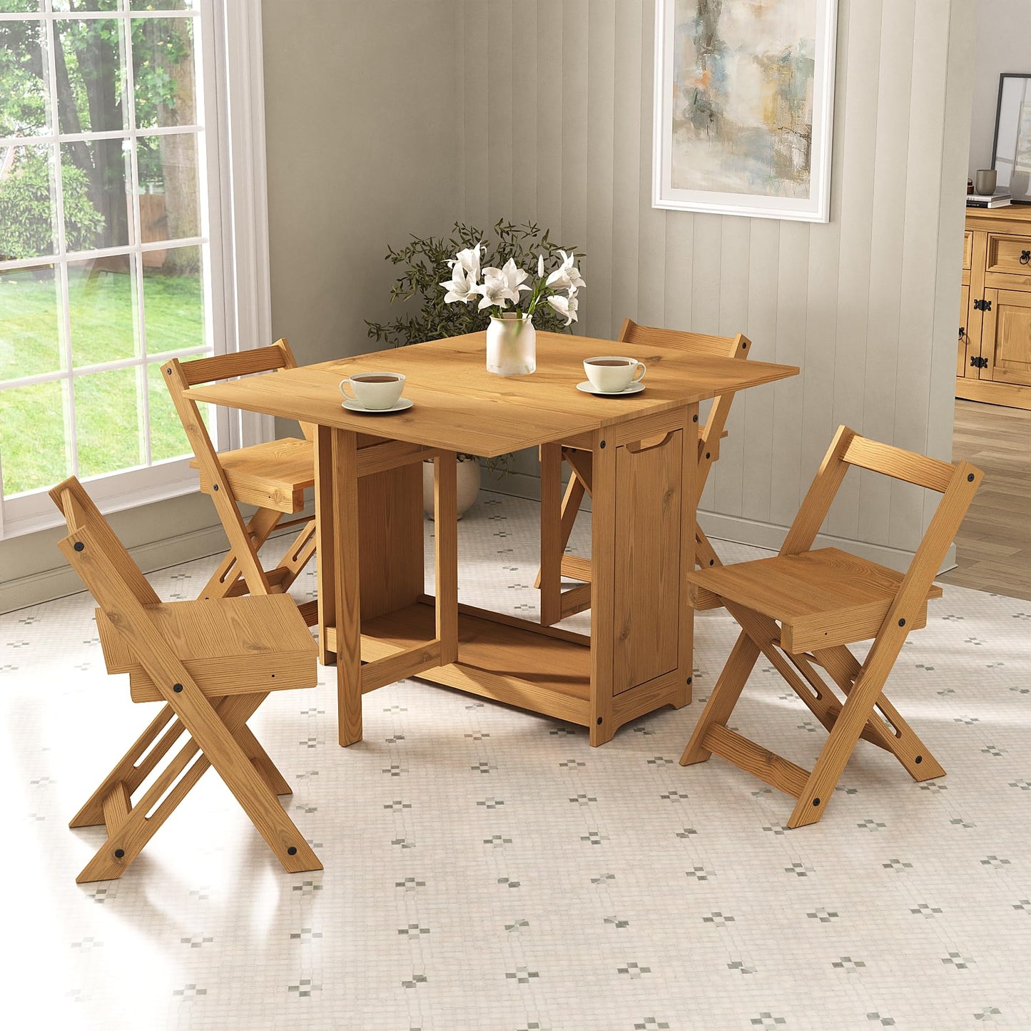 Mews Corona Butterfly Santos Dining Set 4 Seat Folding Drop Leaf Table with Chairs Solid Mexican Pine