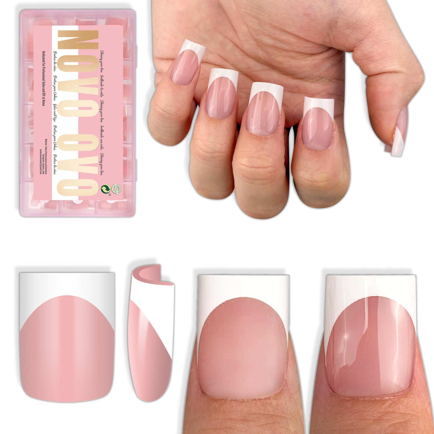 NOVO OVO Short Sharp Square White French Tip Nail Tips Press on BABY PINK, Need Builder Gel Top Coat Nail Glue, Soft Gel Fake Nail Extension, Full
