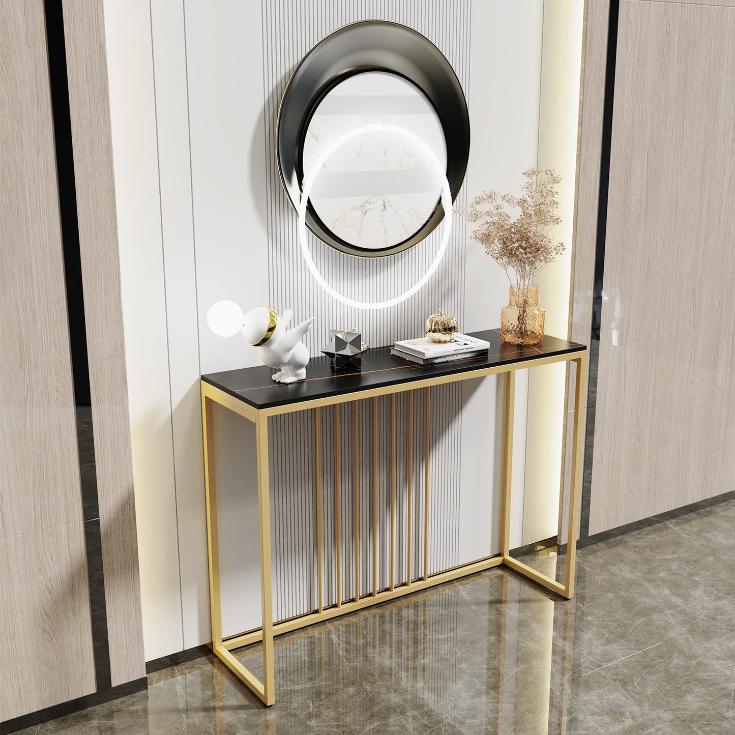 Fativo 100cm Long Hallway Console Table, Sintered Stone Black Marble Top