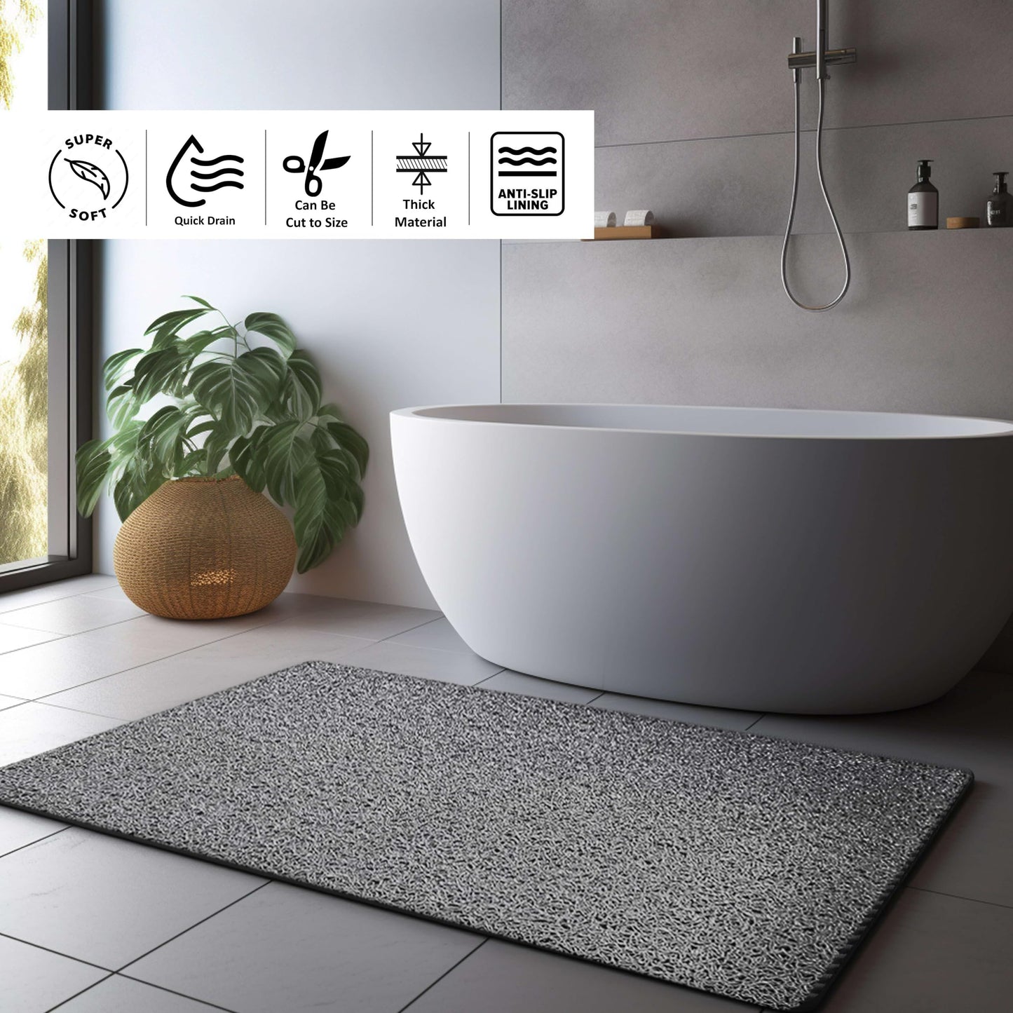 Loofah Shower Mat, Non Slip PVC Spaghetti Mat for Wet Area Inside Shower, Super Comfy Soft Matt, Quick Dry, Bacteria & Mould Resistant, Curved Edge