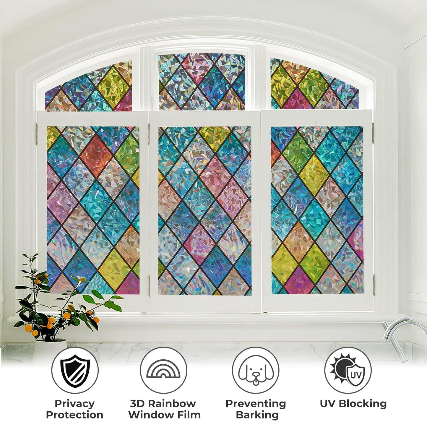 Lifetree Stained Glass Window Film: 3D Rainbow Window Film Privacy self Adhesive No Glue Window Privacy Film Crescent Patterned Vinyl Film UV Blocking