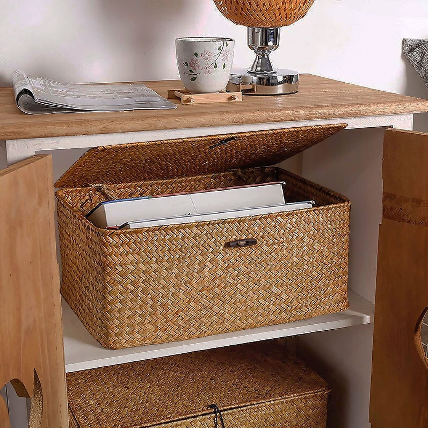 Esoes Wicker Storage Basket Woven Rattan Storage Box With Lids Seagrass Laundry Baskets Makeup Organizer For Bathroom, Living Room, Kitchen (XL)