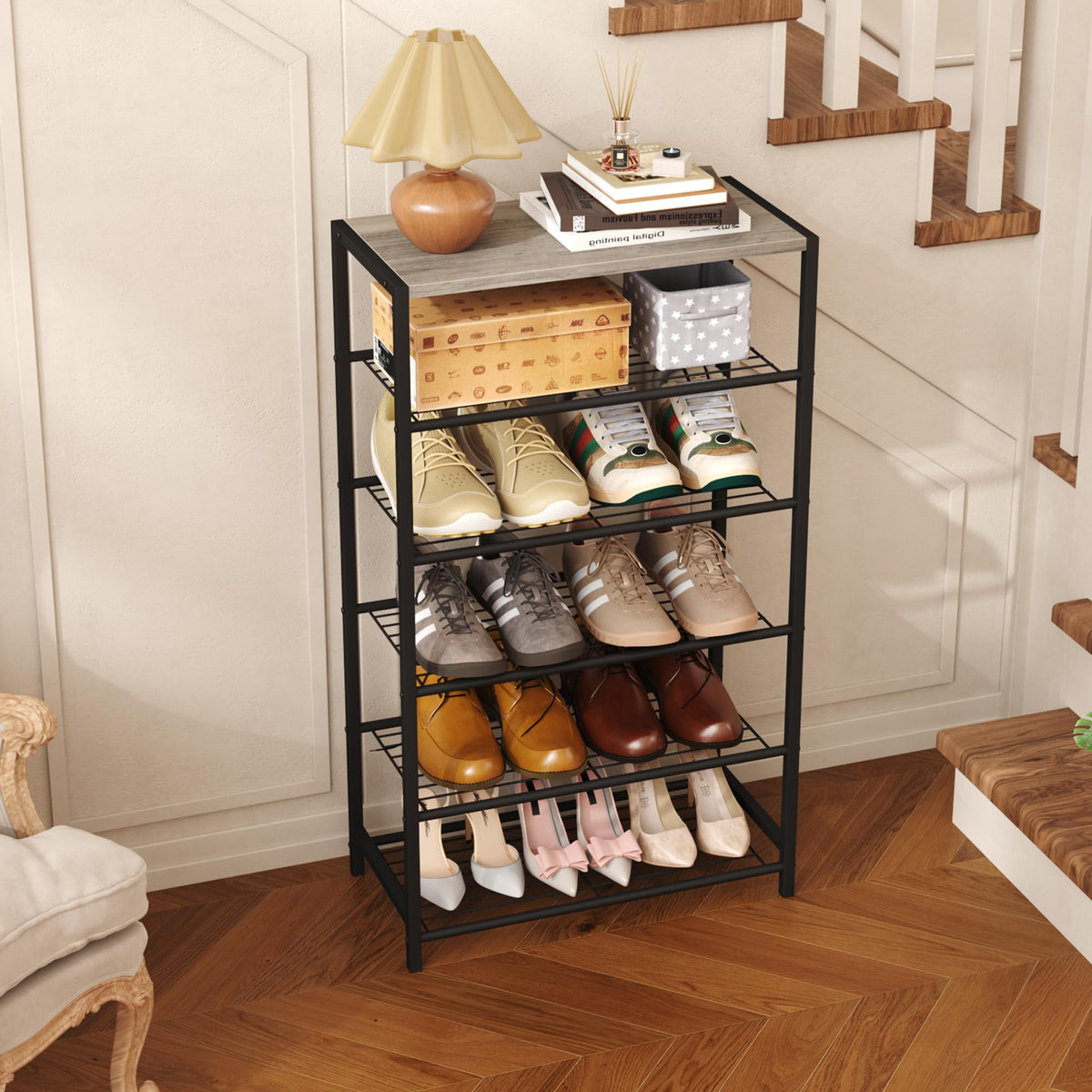 HOME BI 6-Tier Industrial Shoe Rack, Metal Shoe Storage Organizer Shelves with Stable Metal Frame, Shoe Organizer for Closet, Hallway, Entryway