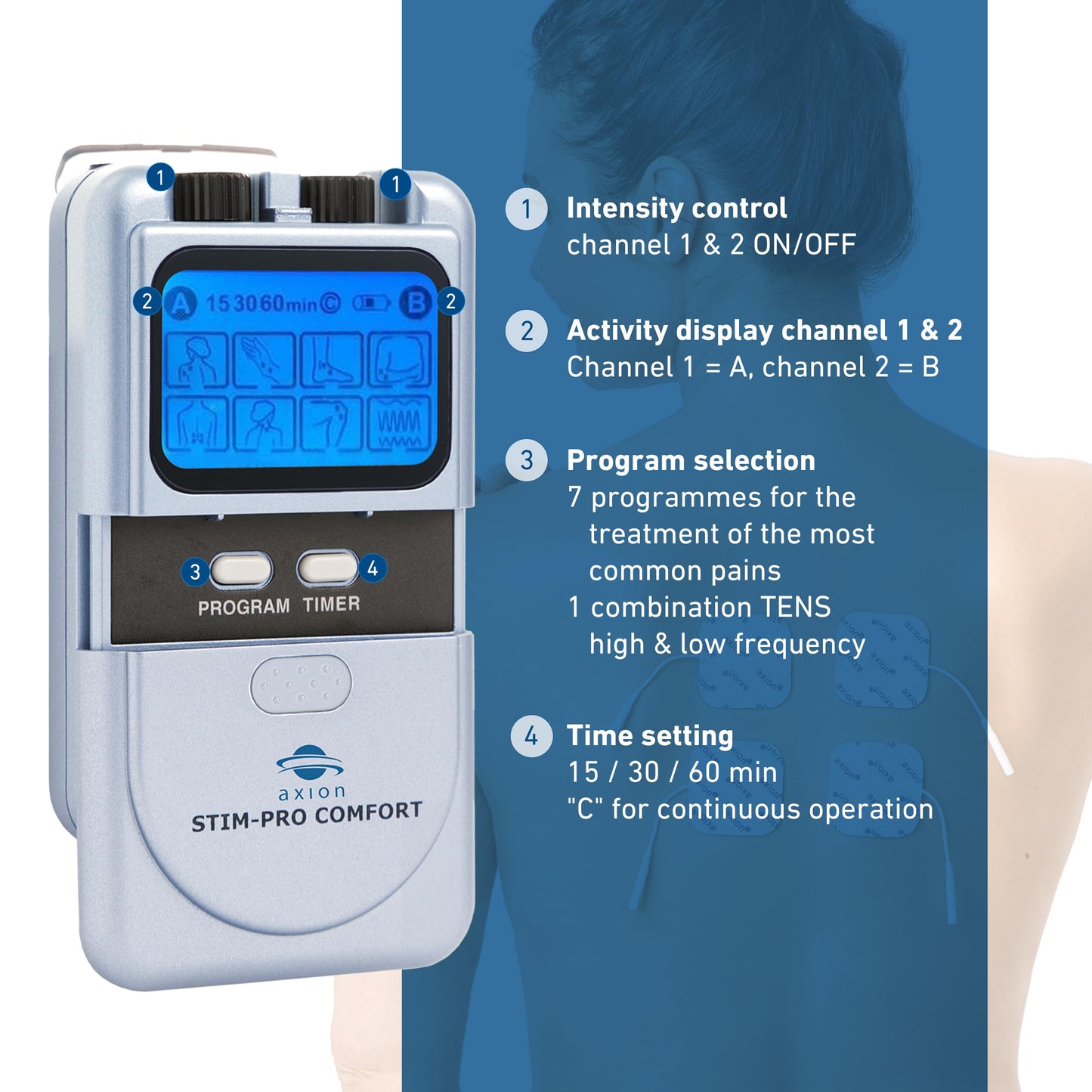 axion TENS Machine for Pain Relief STIM-PRO Comfort - with 4 pcs of 5x5cm Electrode Pads | Dual Channel TENS unit for muscle and nerve stimulator