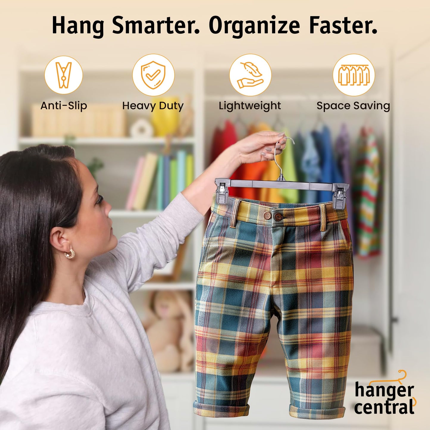 Hanger Central 30 Pack Space Saving Heavy Duty Slim Plastic Trouser Hangers Ribbed Non-Slip with Clamp Clips 360 Swivel Chrome Swivel Hook 10/12/14