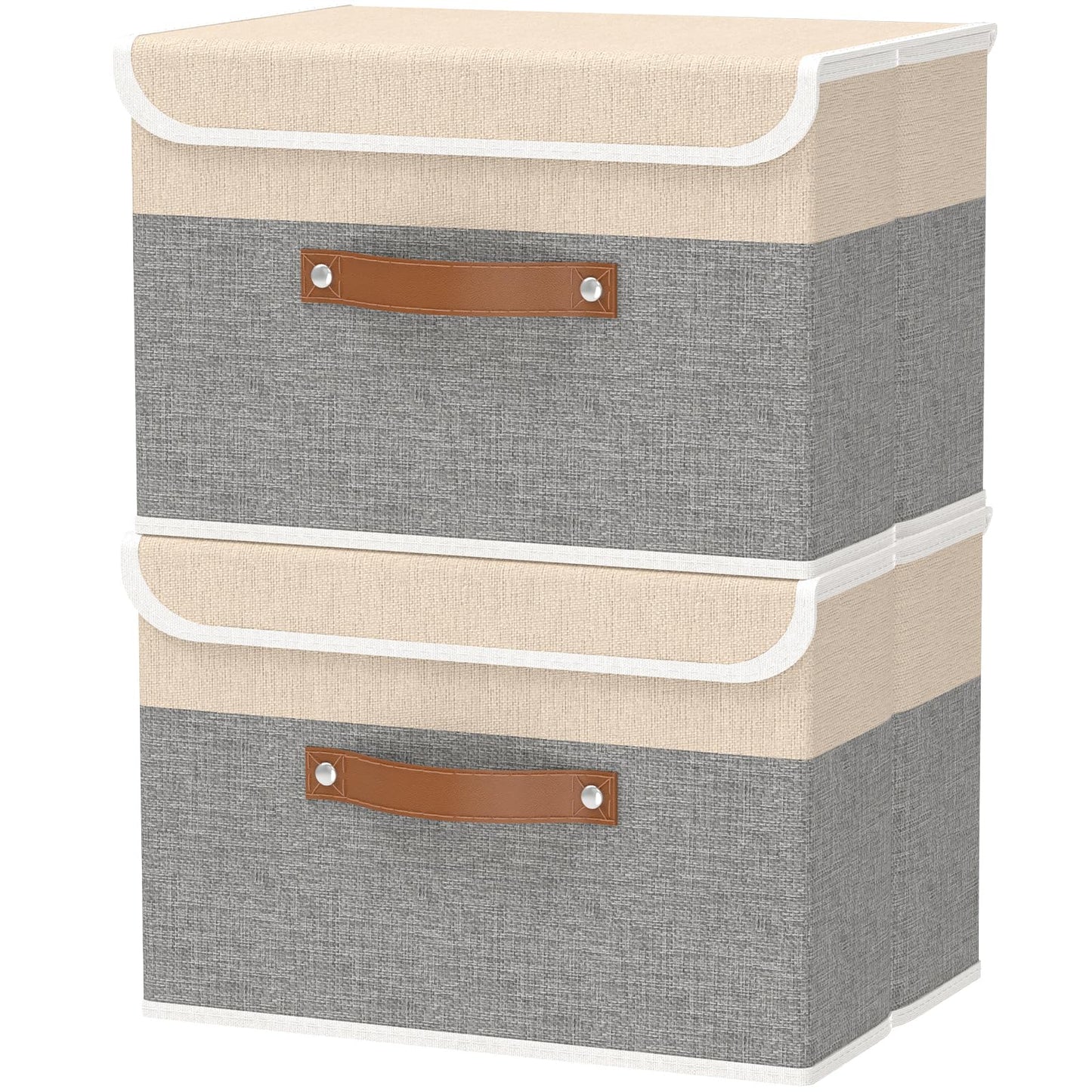 OUTBROS 2 Pack Fabric Storage Boxes with lids, 45x30x30cm Beige/Grey