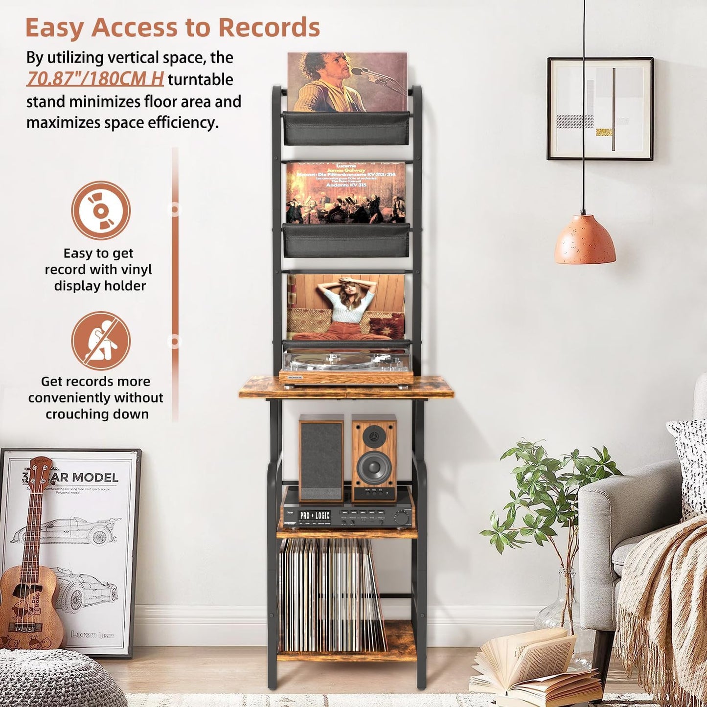 Bikoney Tall Record Player Stand with Vinyl Storage for 200 Albums