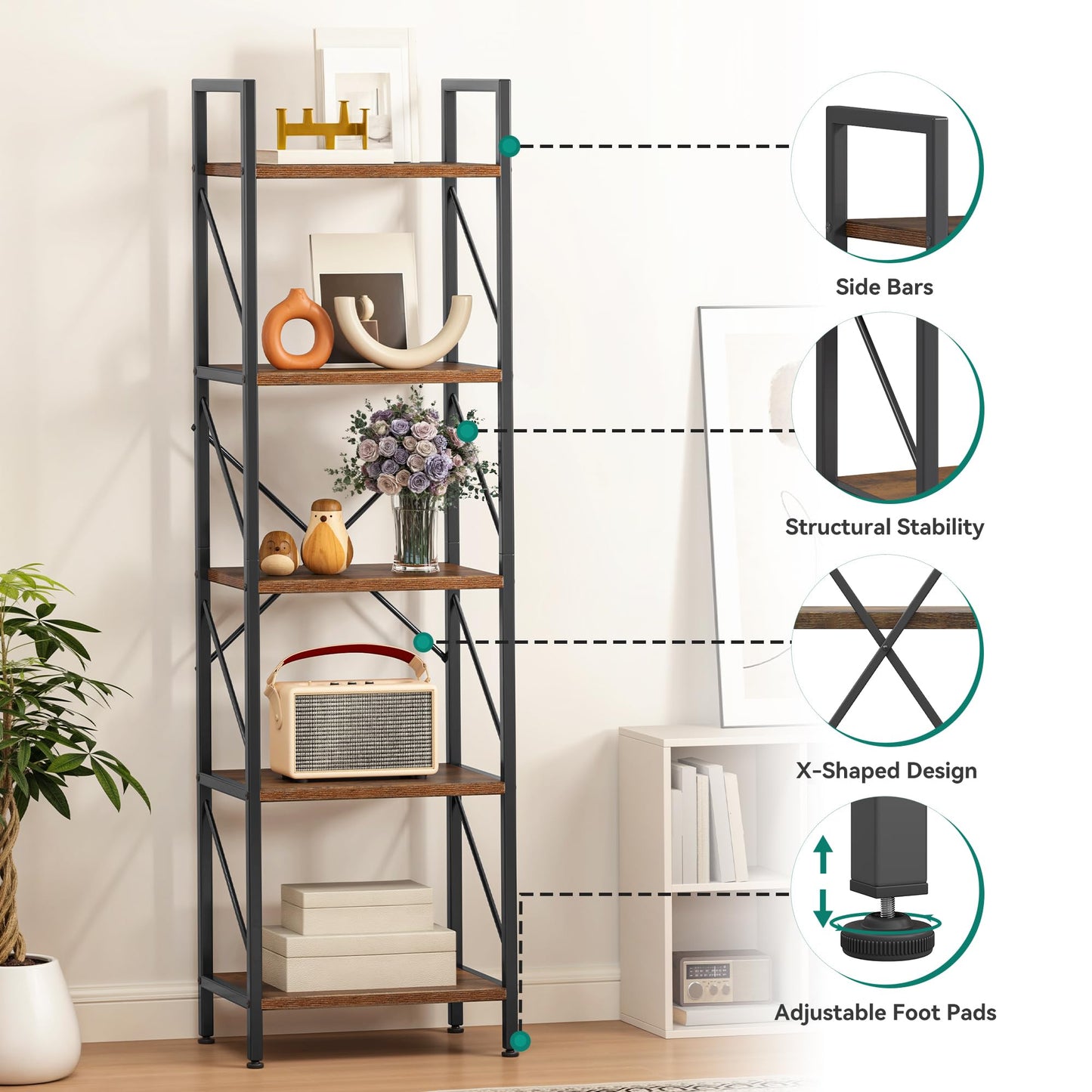 YITAHOME Bookshelf 5 Tier, Corner Narrow Slim Shelf Wooden Shelf and Metal Frame Industrial Storage Rack for Living Room Home Office Kitchen Bedroom