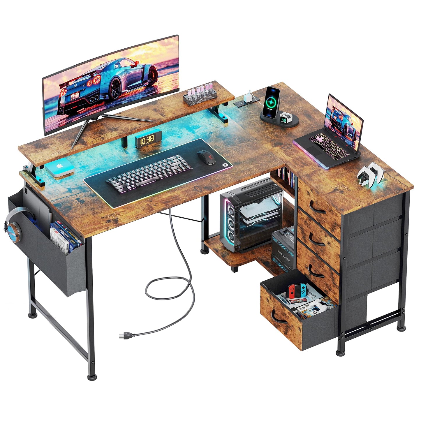 VERMESS Corner Desk with 4 Drawers, L Shaped Computer Desk with LED Lights & Power Outlets