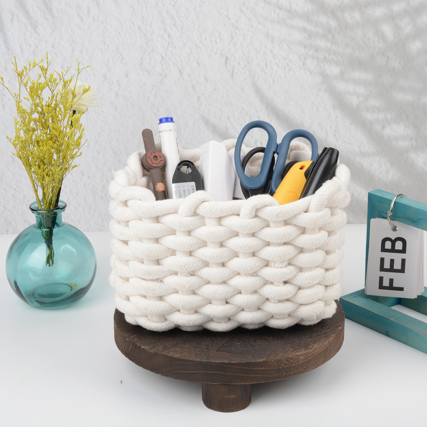 Cotton Storage Basket, White Braided Basket with Thick Yarn Wicker, Bathroom Organiser for Desk & Dressing Table Changing Table, Cosmetics, Desktop