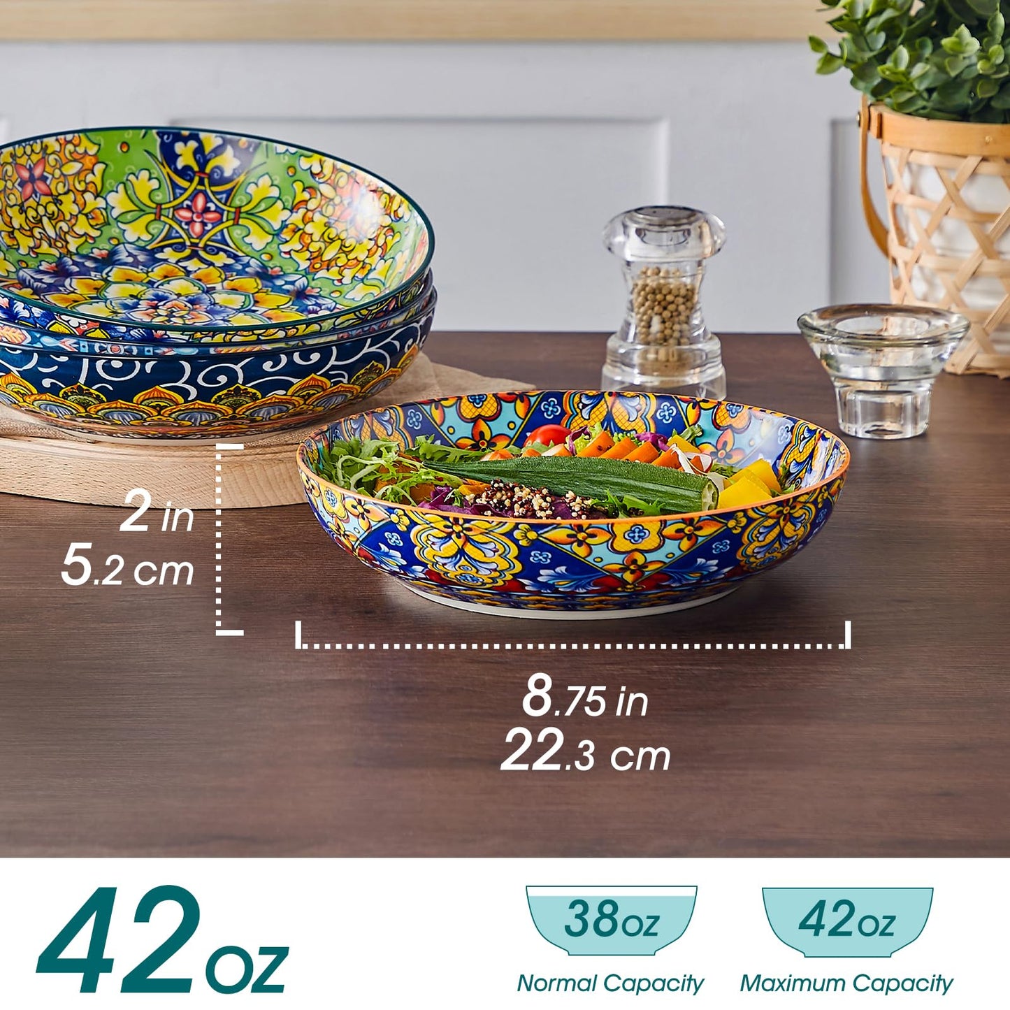 vancasso SIMI Pasta Bowls Set of 4, Porcelain Salad Bowls, 42 oz Large Corlorful Serving Bowls for Kitchen, Dishwasher & Microwave Safe Soup Bowls,