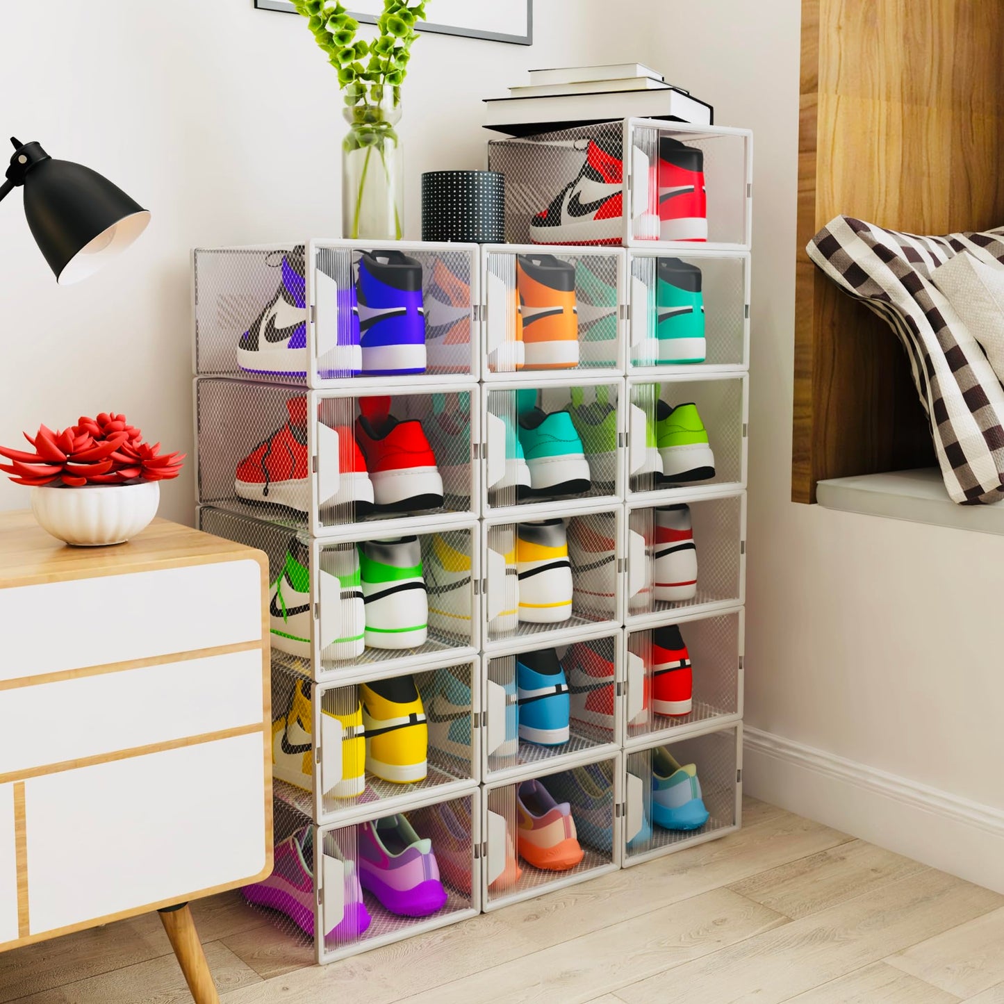 Unique Impression 16 Pack Shoe Storage Box Large Size- Clear Stackable Boxes - Plastic Trainer Storage Boxes - Transparent Shoe Display Containers