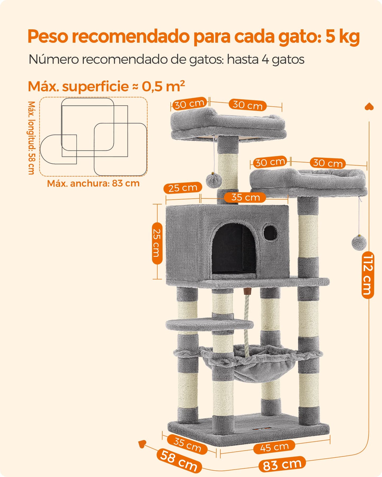 Feandrea Cat Tree, 112 cm Cat Tower for Indoor Cats, Multi-Level Plush Cat Condo with 11 Scratching Posts, Perches, Cave, Hammock, Pompoms, Light Grey