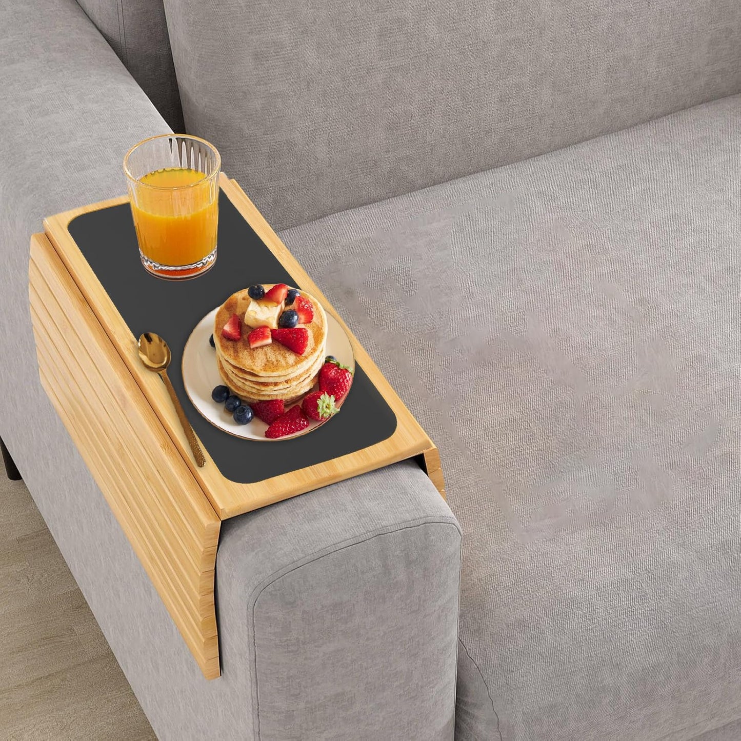 Bamboo Sofa Arm Tray Table - Anti-Slip Foldable Couch Sofa Armrest Tray, Removable Large Couch Cup Holder for Drinks Cup Cellphone Remote Snacks