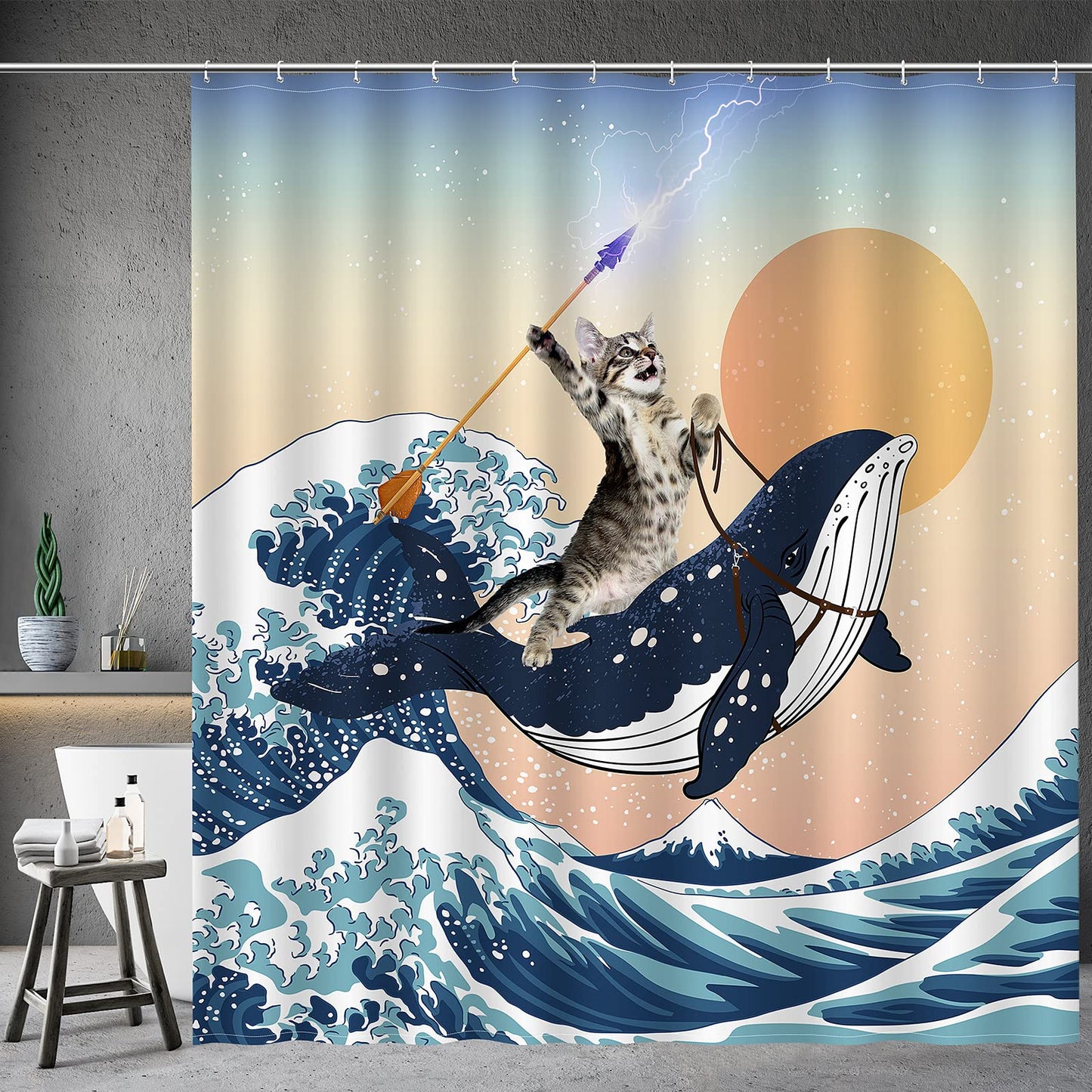 Aimego Funny Shower Curtain Brave Cat Holding Trident Riding Shark in Ocean,Shark Cat Shower Curtains with Hooks for Bathroom Decor Accessories