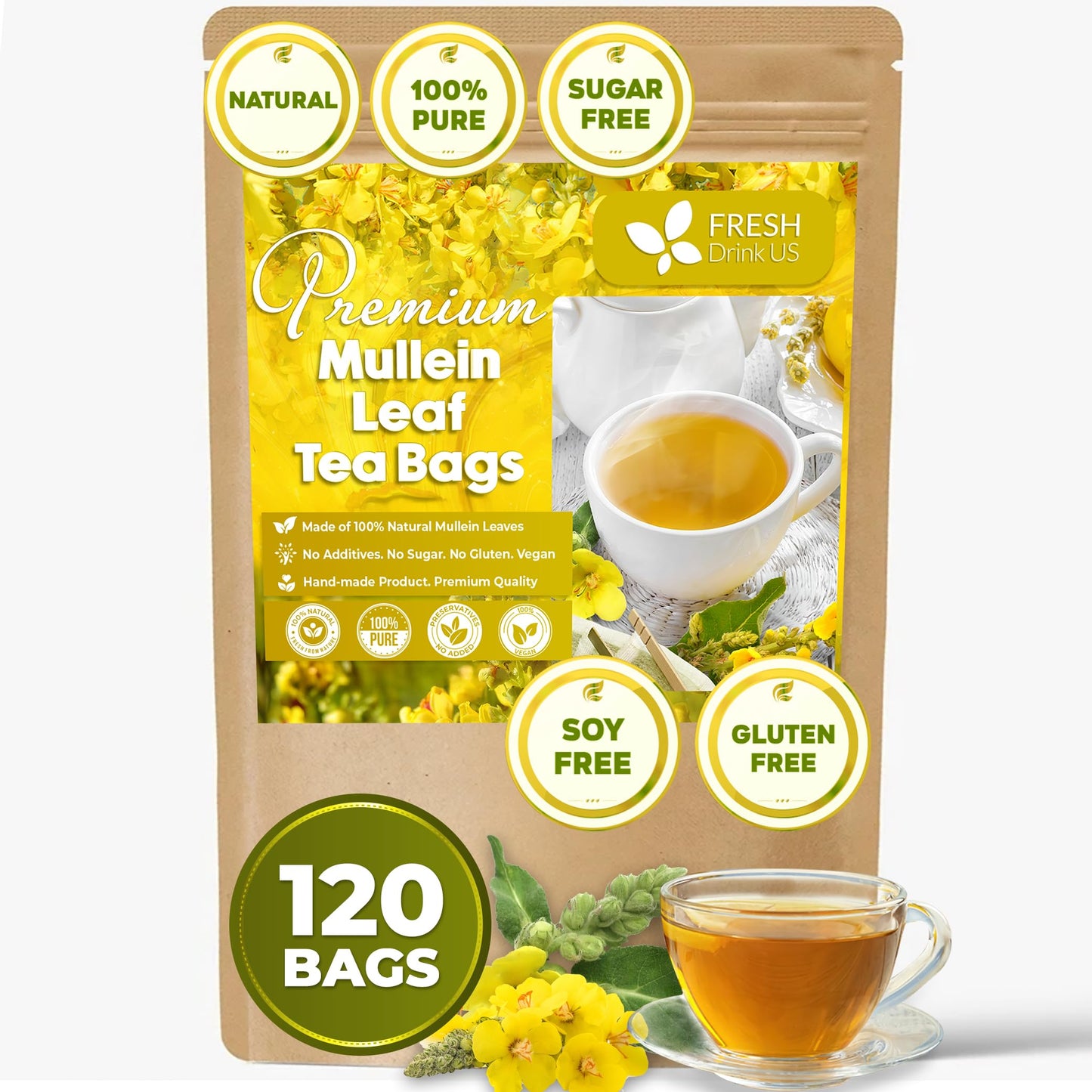FreshDrinkUS, Premium 120 Mullein Leaf Tea Bags For Lung, 100% Natural & Pure from Mullein Leaves. Made with Natural Material Tea Bags. No Sugar, No
