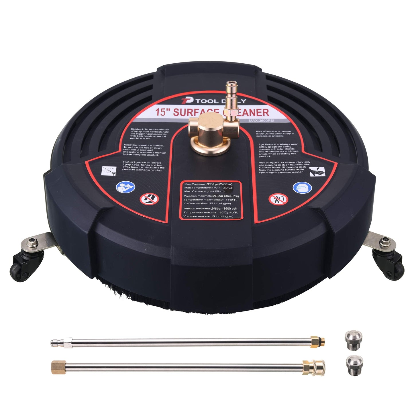 Tool Daily 15 Inch Pressure Washer Surface Cleaner Attachment with Wheels, with 2 Power Washer Extension Wands and 2 Replacement Nozzles, 3600 PSI