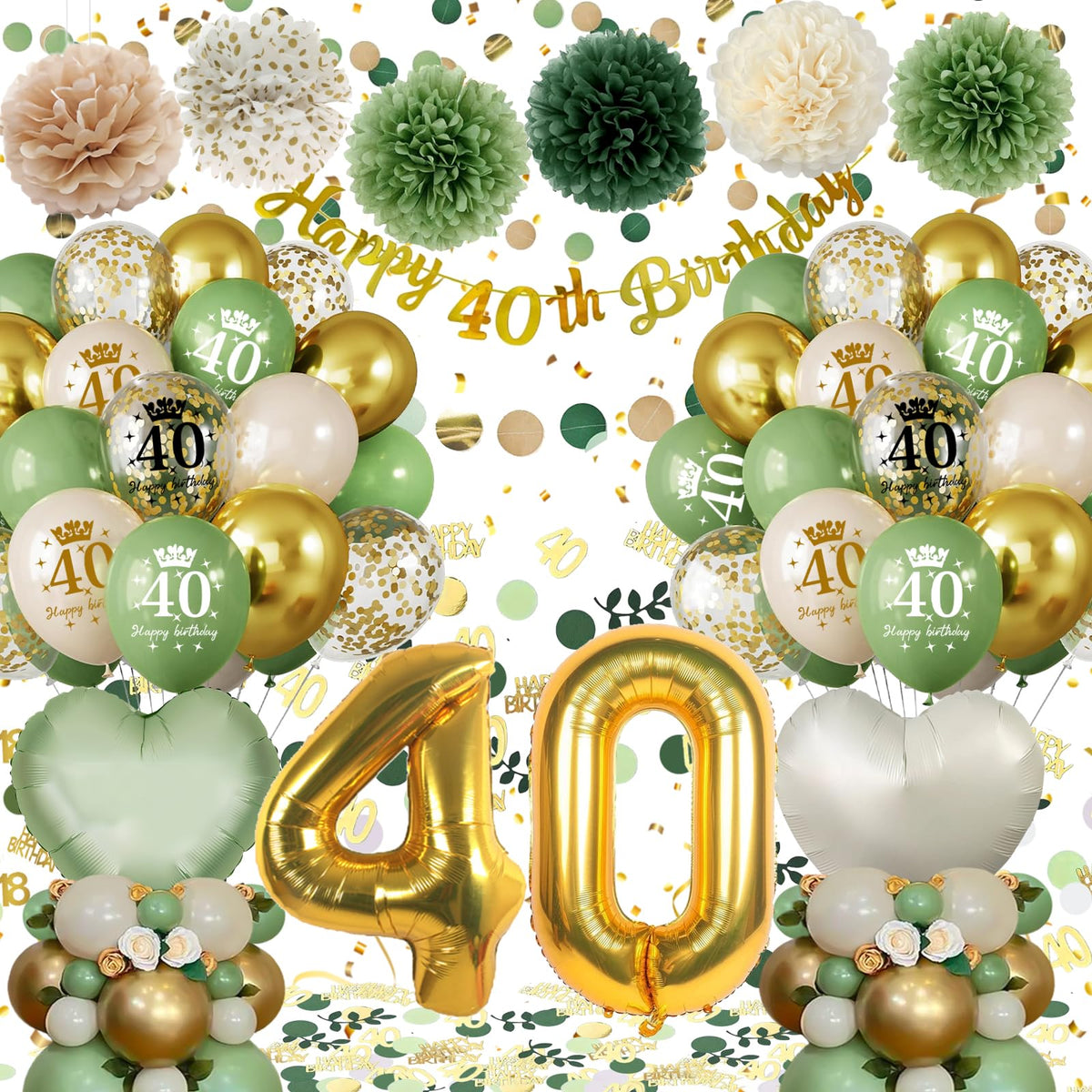 40th Birthday Decoration for Women Men, Green Gold Balloons Decorations with Happy 40th Birthday Banner Number 40 Foil Balloon for Party Decorations
