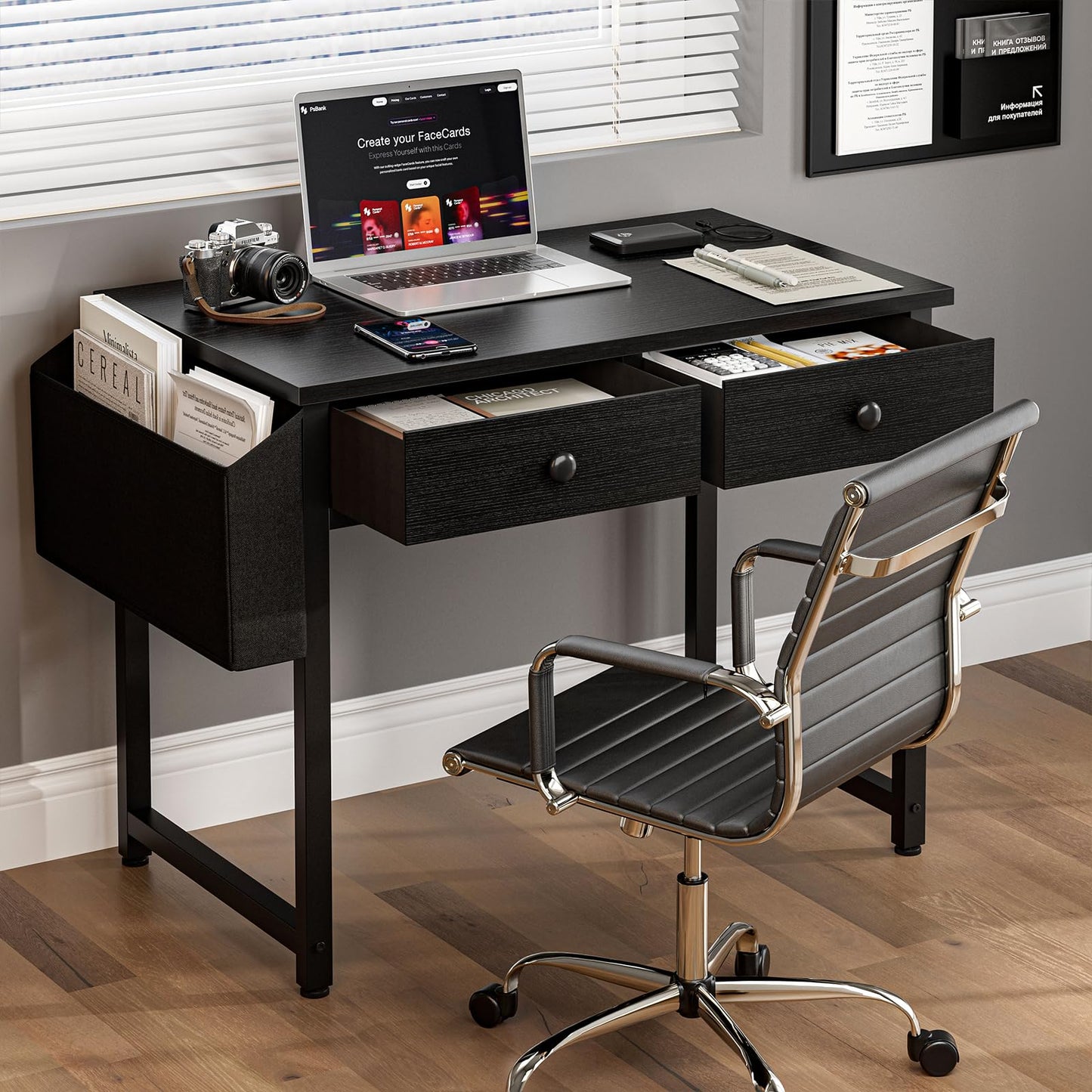 Grandder Small Computer Desk with 2 Fabric Drawers, 80 x 40 cm Home Office Desk with Storage Bags and Drawers