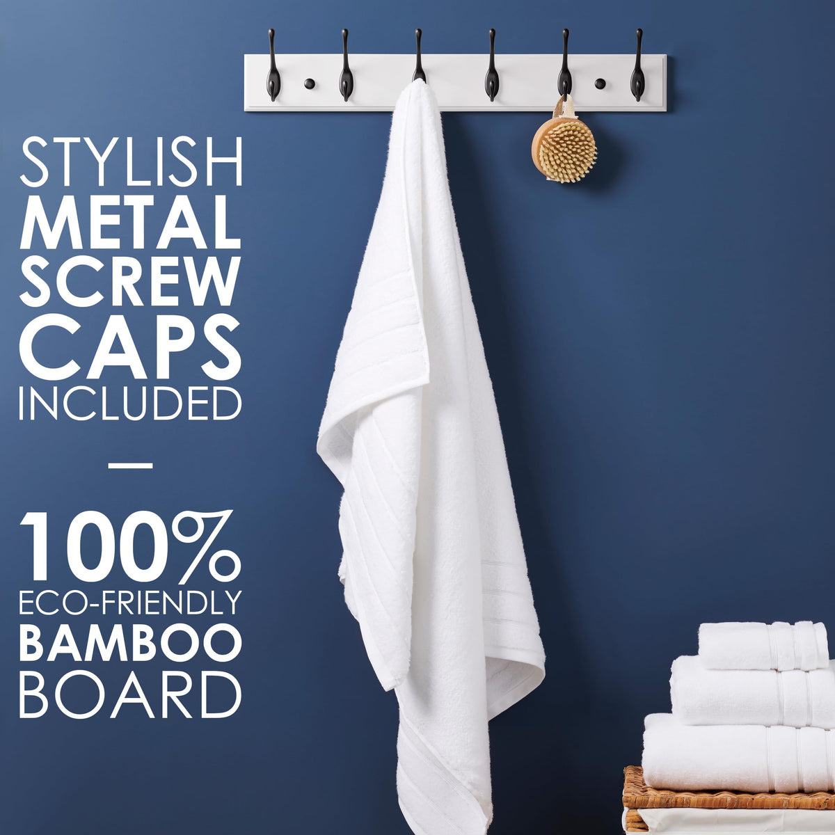 LARHN White Wall-Mounted Coat Rack - 6 Black Coat Hooks, 59cm