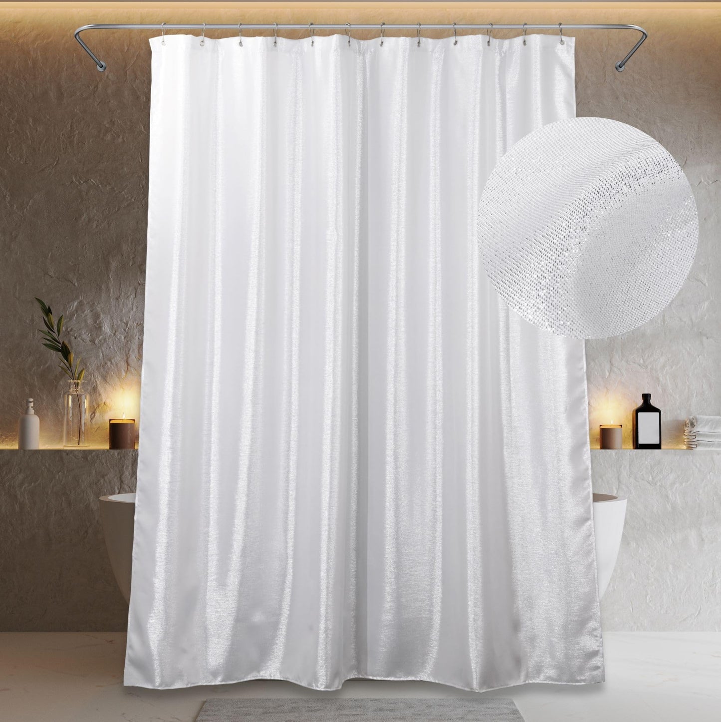 Popkozzi Silver white Shower Curtain: Glitter Sparkle Bling Shiny Metallic Shimmer Shower Curtain for Bathroom - Anti Mould Water Repellent Washable