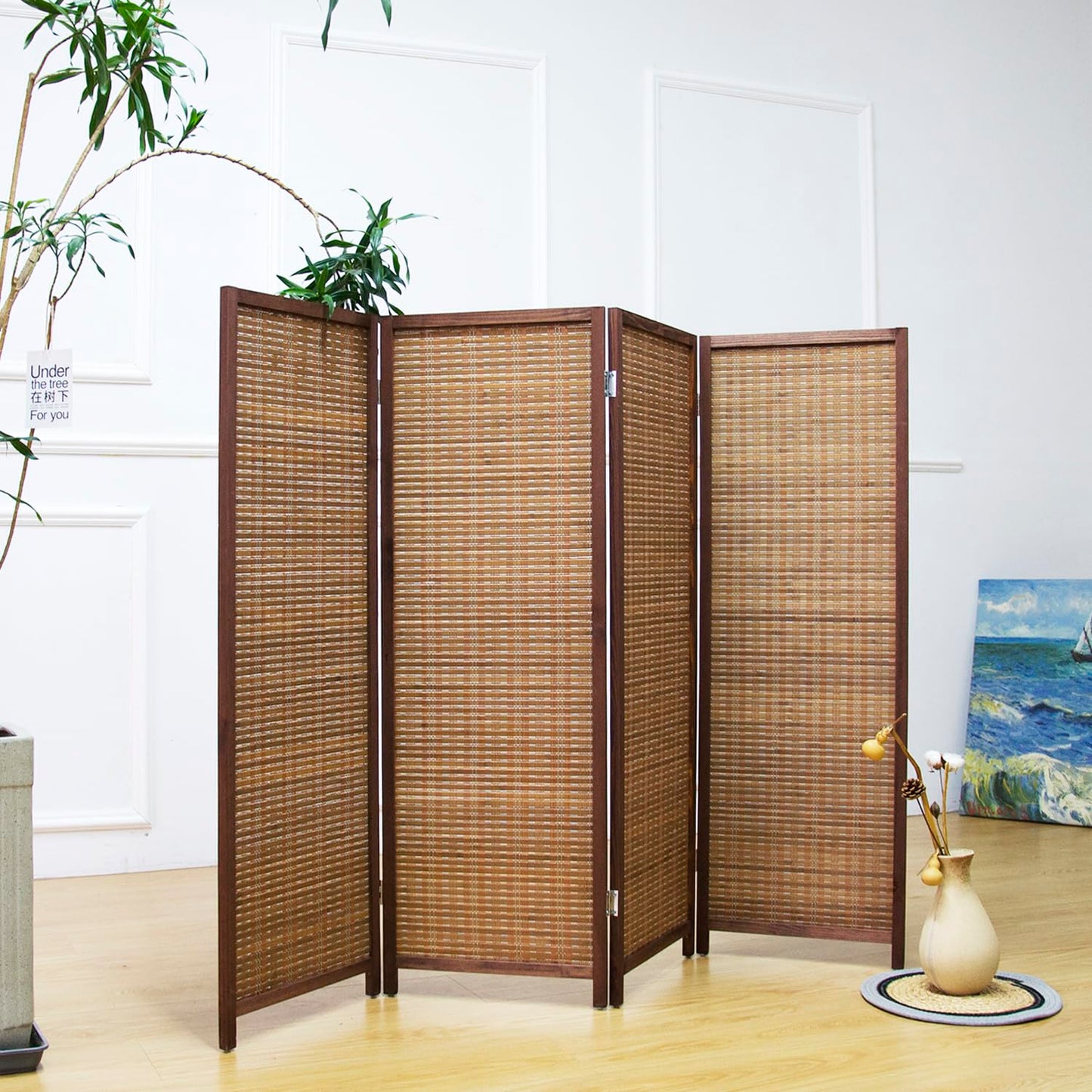 Furnnylane 4 Panel Bamboo Room Divider Short Folding Screen Divider,Double Sided Bamboo Divider Screen for Room Separation,Brown,120 cm H x 156 cm W