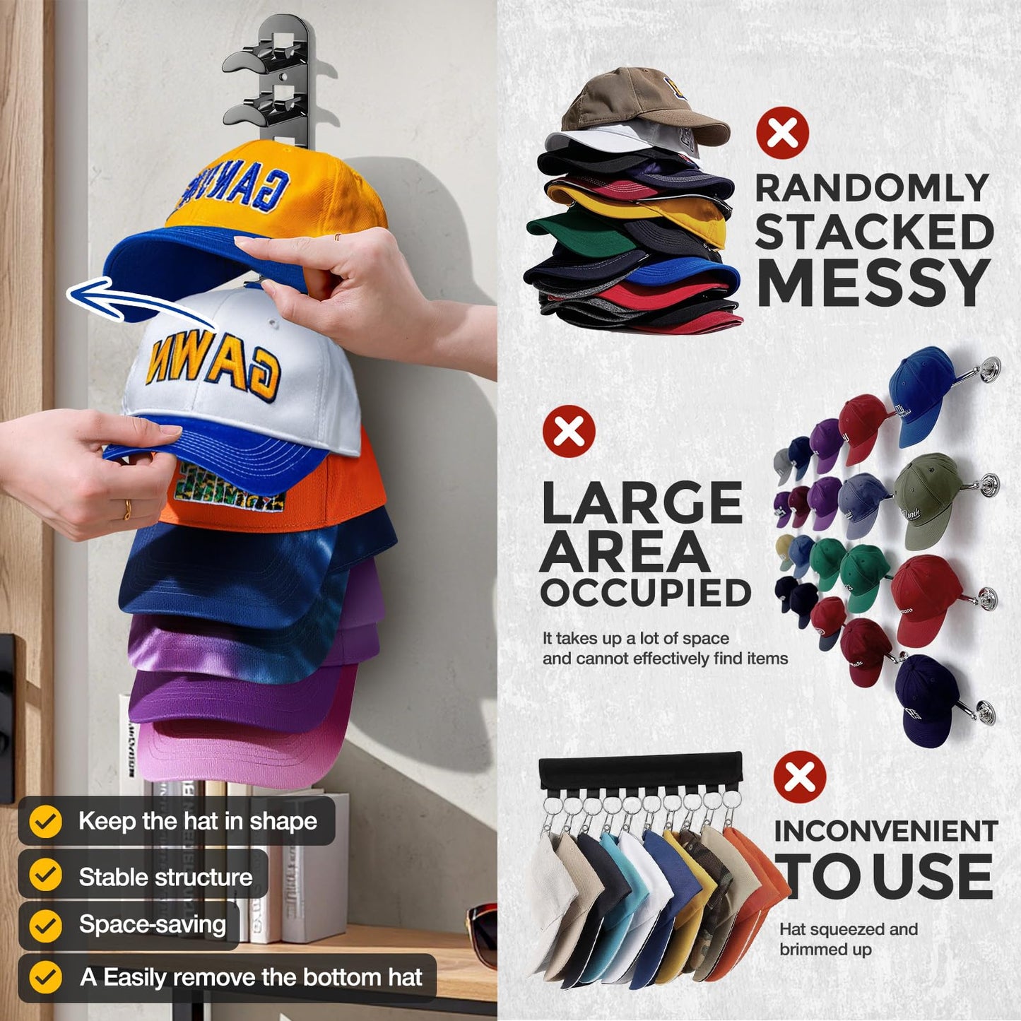 Jcocylse Hat Storage for Wall Mount – Baseball Cap Storage & Cap Holder, Space-Saving Hat Rack with Hooks for Hanging Caps (Black)