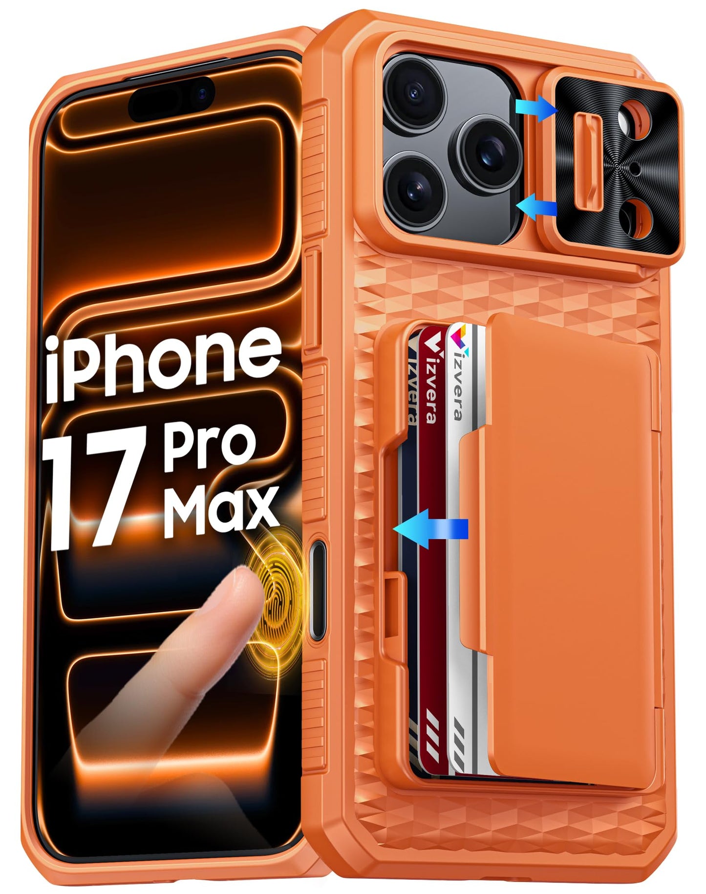 Vizvera for iPhone 17 Pro Max Case Wallet, with RFID Card Holder, Slide Camera Cover, Kickstand, Silicone Edge Military Drop Protection Rugged